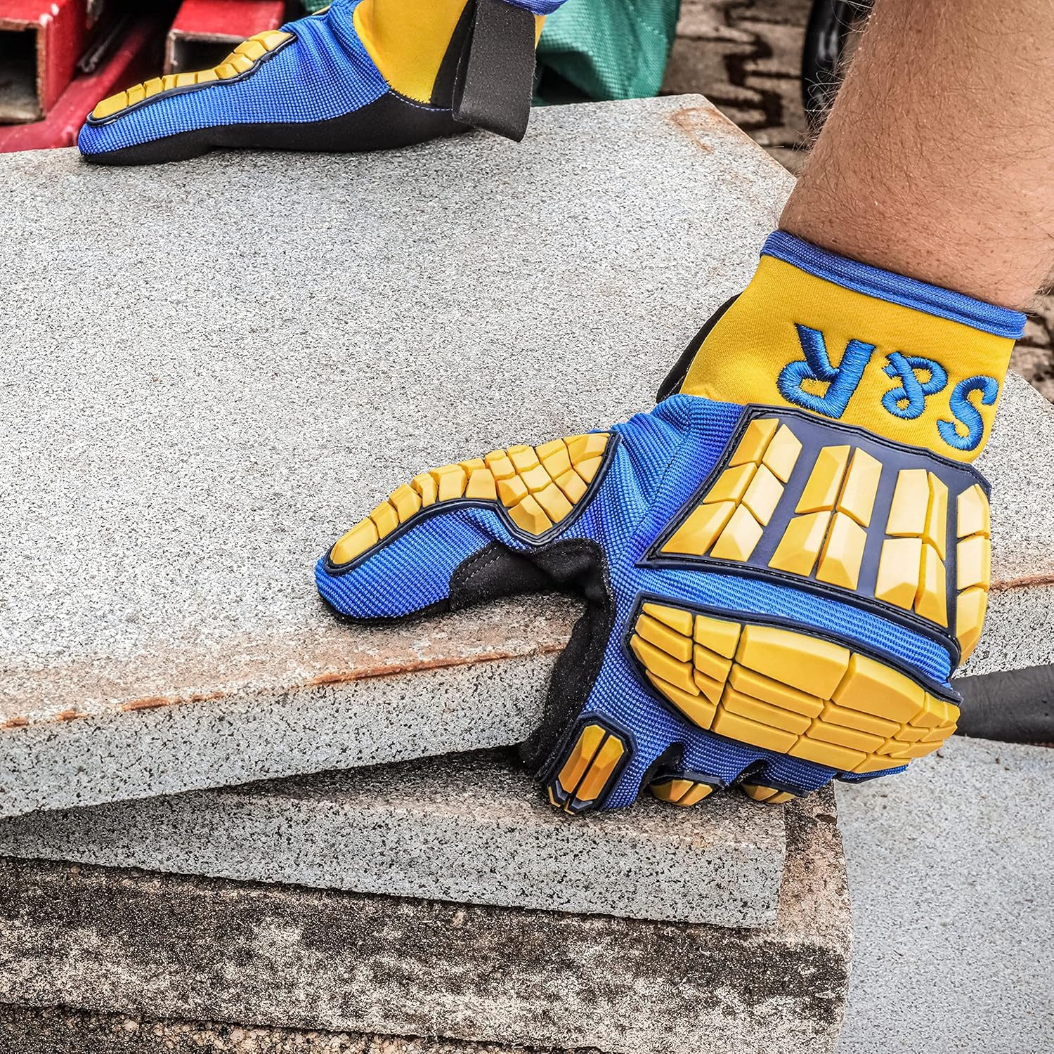 S&R Arbeitshandschuhe Mechaniker Handschuhe mit flexiblen Protektoren, Gr.10, 1 Paar (2-St) für KFZ-, Metall-, Bau-, Holzarbeiten, stoßdämpfende Knöchelschutz