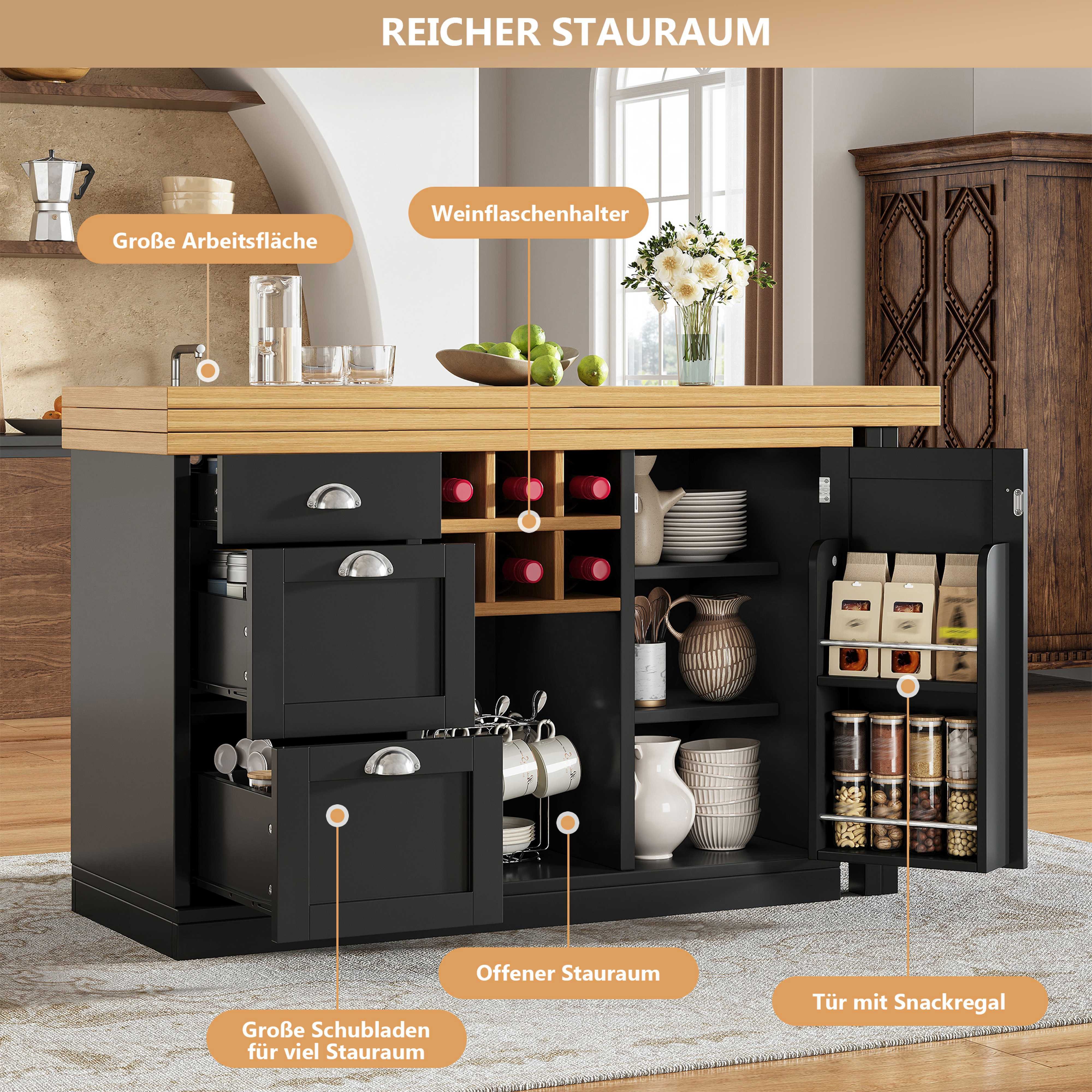 BlingBin Kücheninsel Ausziehbarer Küchentisch Bartisch mit Esstischfunktion 120-197 cm, (2 Packung), 360°verstellbare Tischplatte,Multifunktionaler,für Wohnung,Ohne Stühle