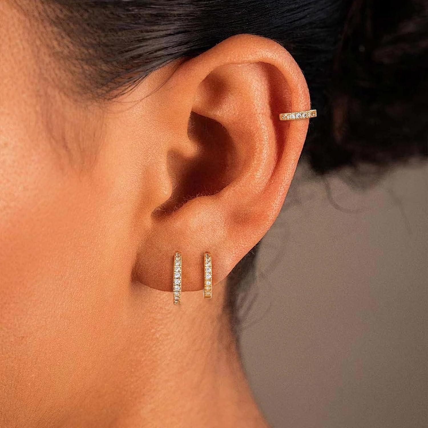 LuxusKollektion Creolen-Set 3 Paar Creolen Silber 925 Gold Damen Ohrringe Set 14K Vergoldet Mini