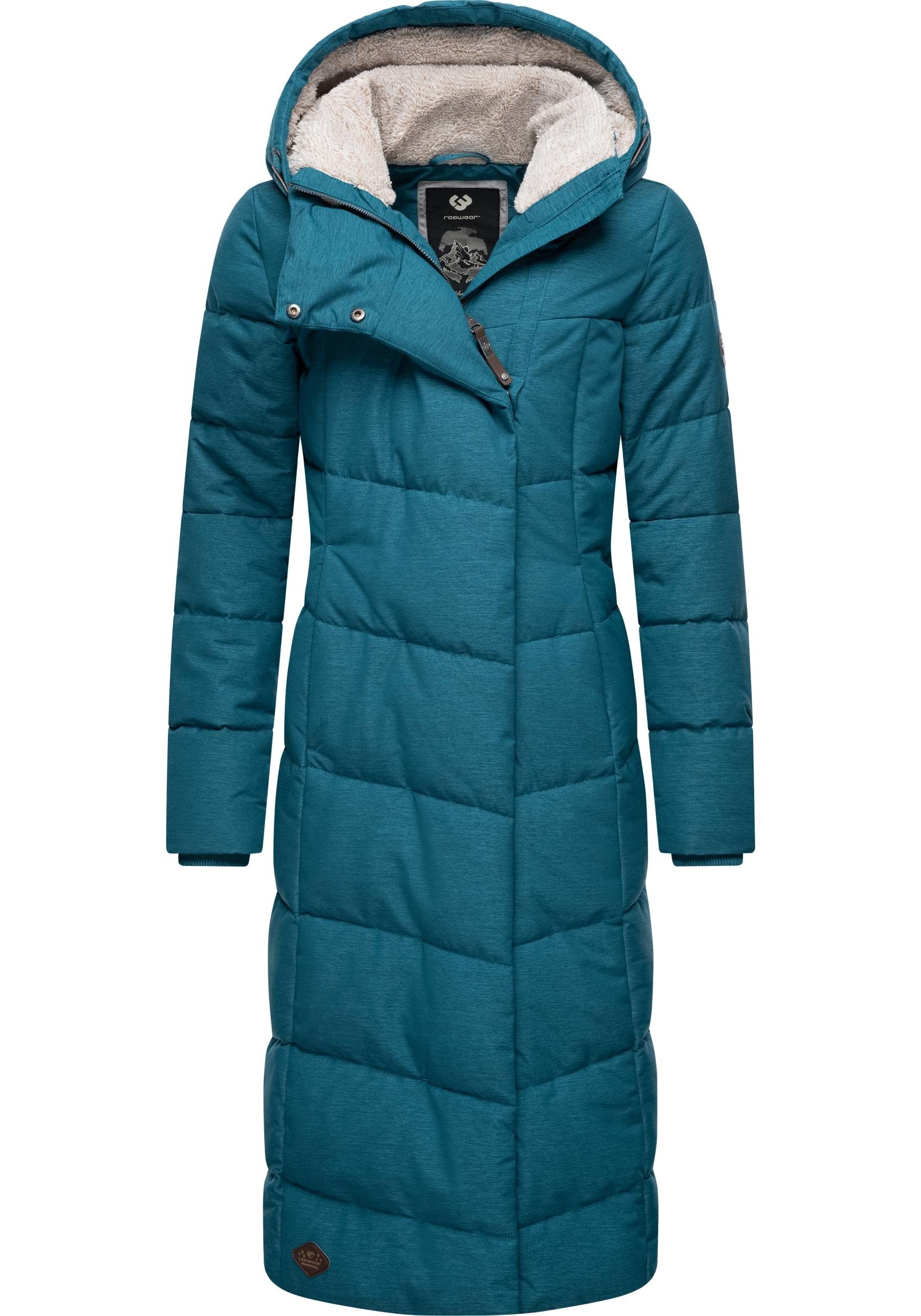 Ragwear Wintermantel Pavla Long extralanger Winterparka mit Teddyfutter und Kapuze ocean