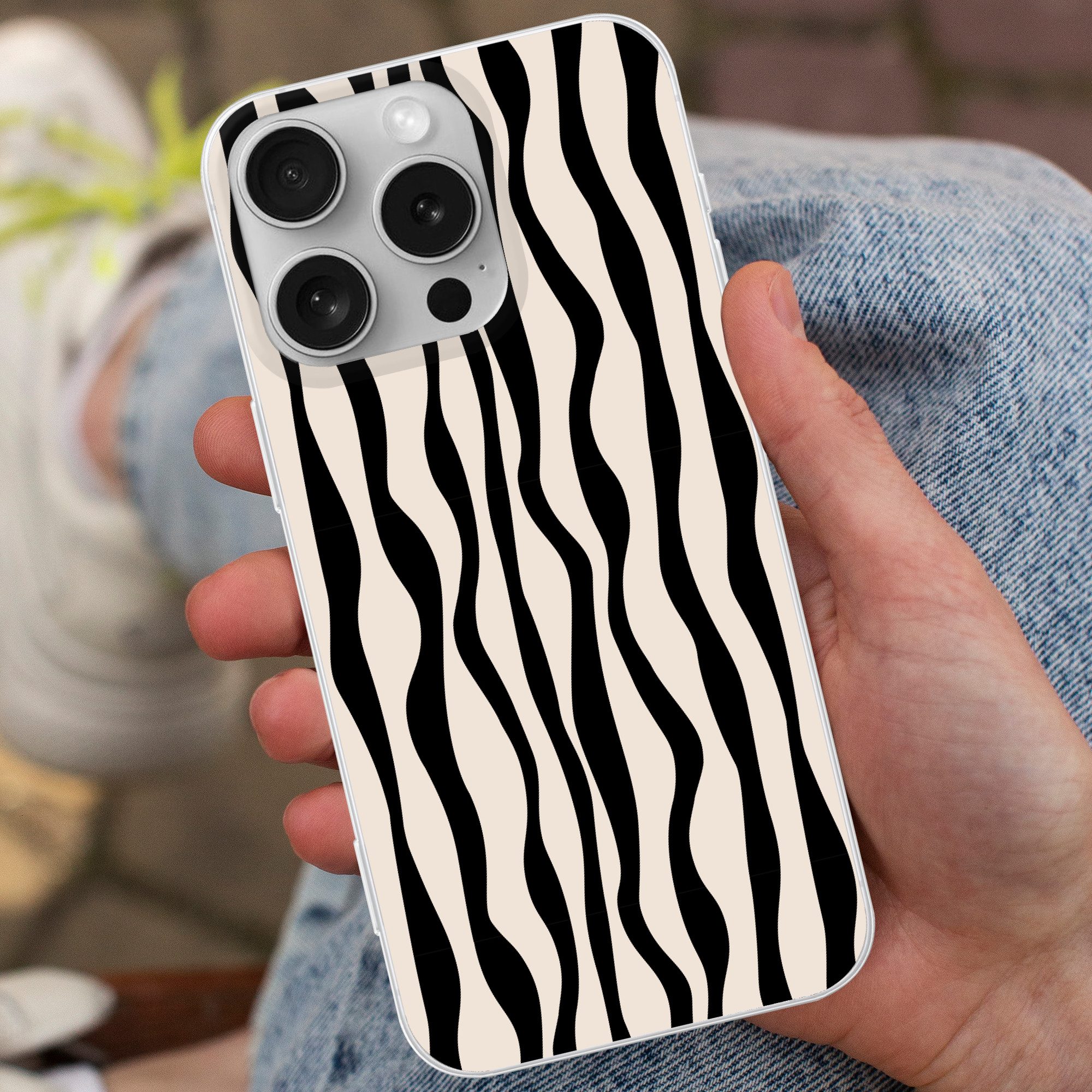 MuchoWow Handyhülle für Apple iPhone 16 Pro Wellenlinien - Beige - Schwarz - Abstrakt, Smartphone-Bumper, Print, Handy Schutzhülle Dünn