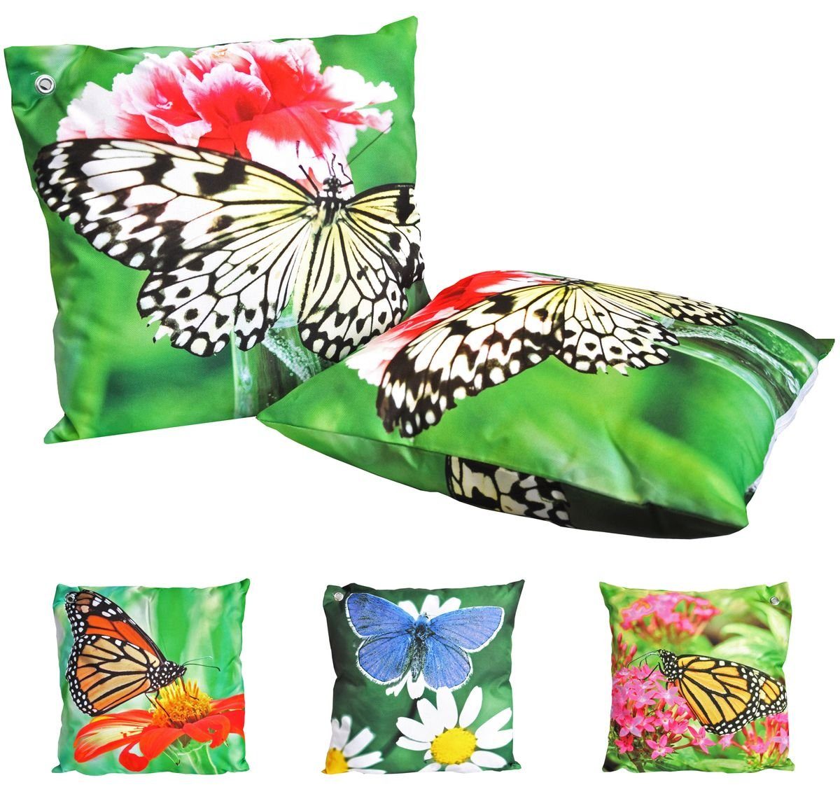 JACK Dekokissen Outdoor Lounge Kissen 45x45cm mit Schmetterling Motiv Dekokissen, wasserfestes Sitzkissen inkl. Füllung für Ihren Garten Weiß