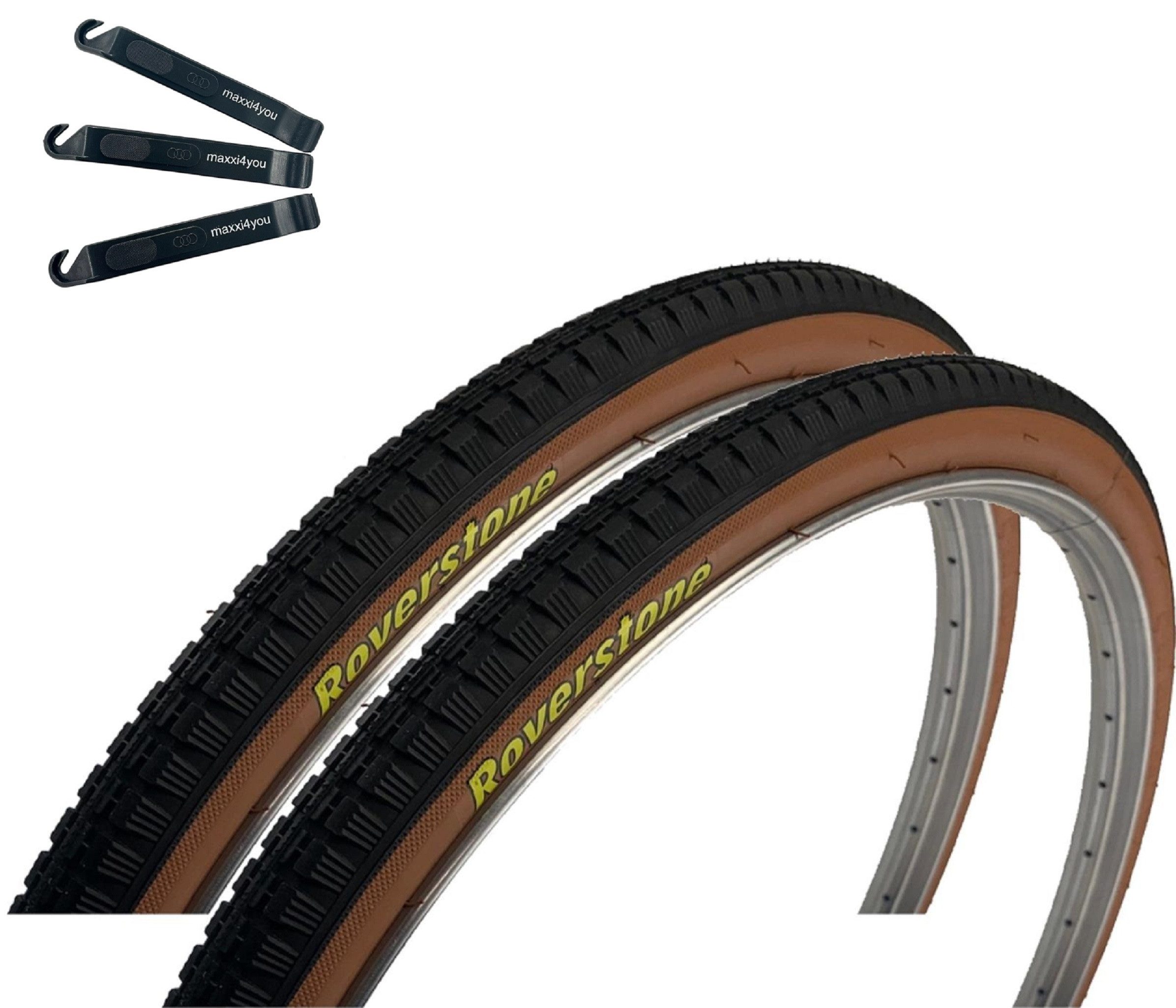 maxxi4you Fahrradreifen 2 x Roverstone 28 x 1 1/2 (40-635) Schwarz/Braun inkl. Reifenheber