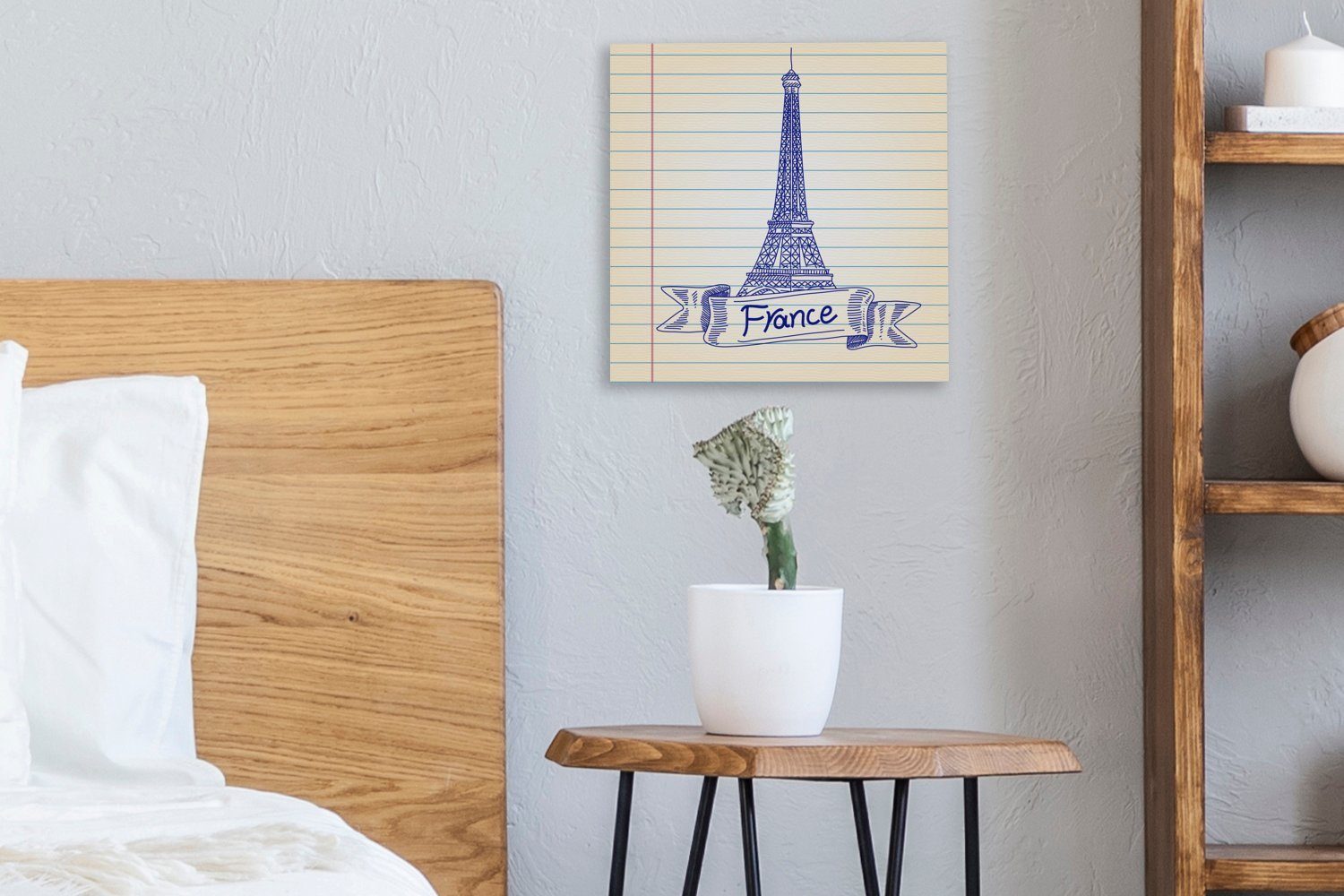 Schlafzimmer Blau, des Delfter in Wohnzimmer OneMillionCanvasses® Leinwandbild Illustration Eiffelturms Eine Bilder Leinwand St), für (1