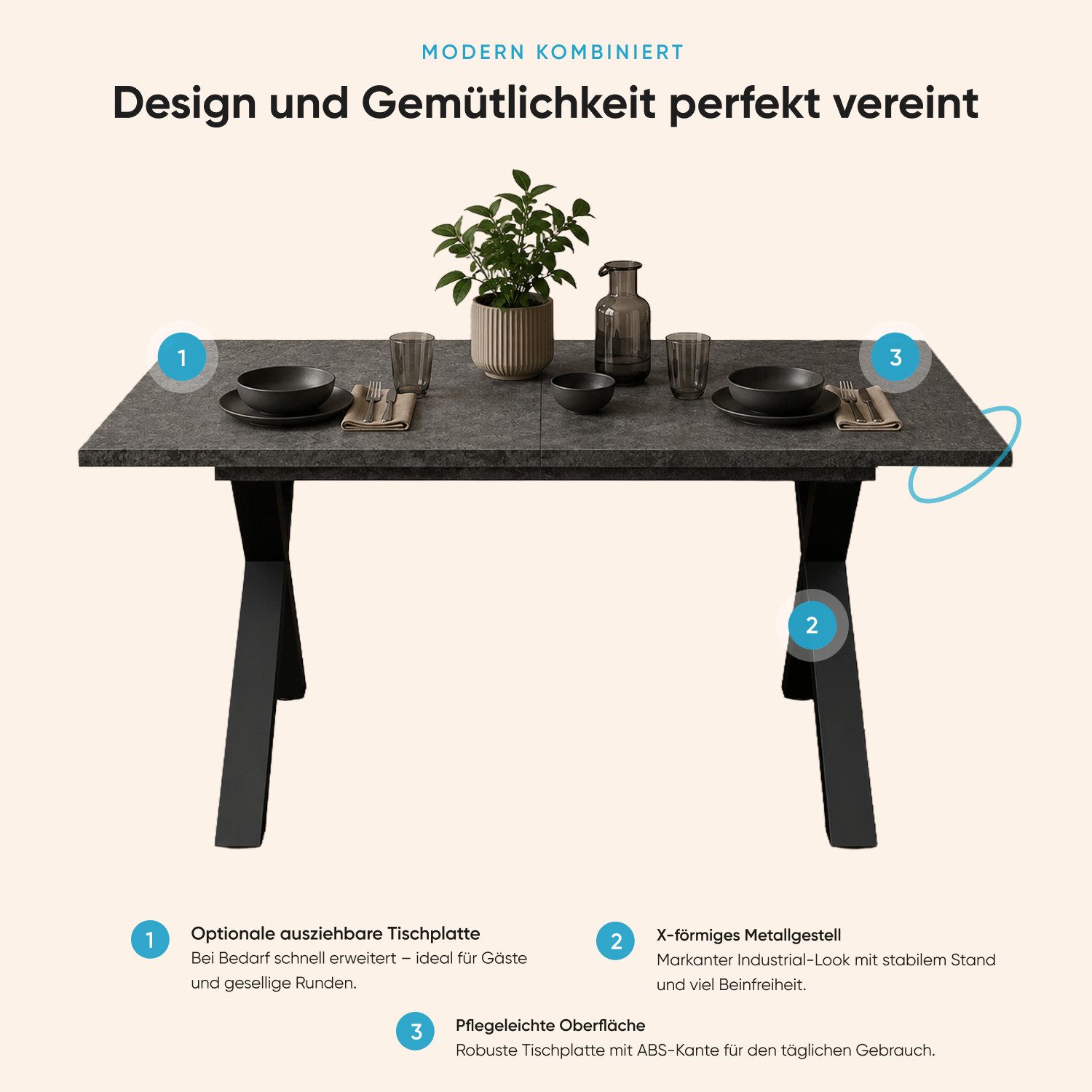 Storado Esstisch Big System Metall X 140–210×90cm, Esszimmertisch, Stabiles X-Gestell für einen sicheren Stand