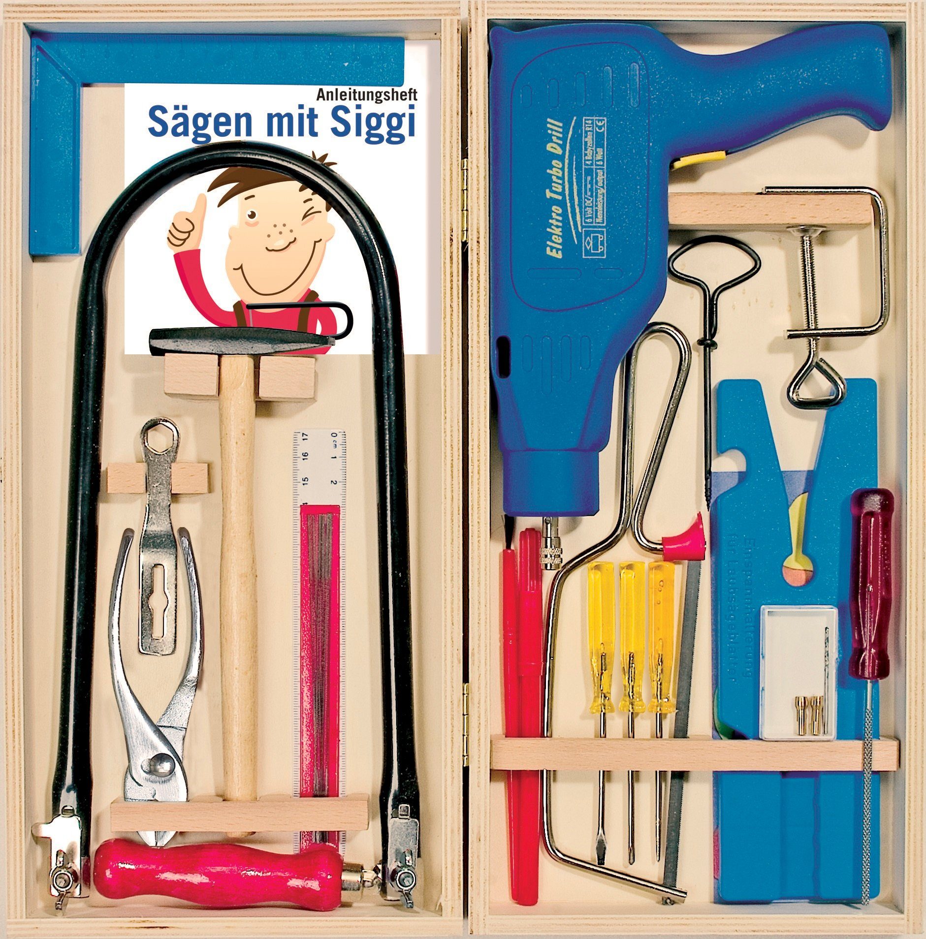 Pebaro Kinder-Werkzeug-Set Laubsäge-Set im Klapp-Kasten mit elektrischer Bohrmaschine, 455
