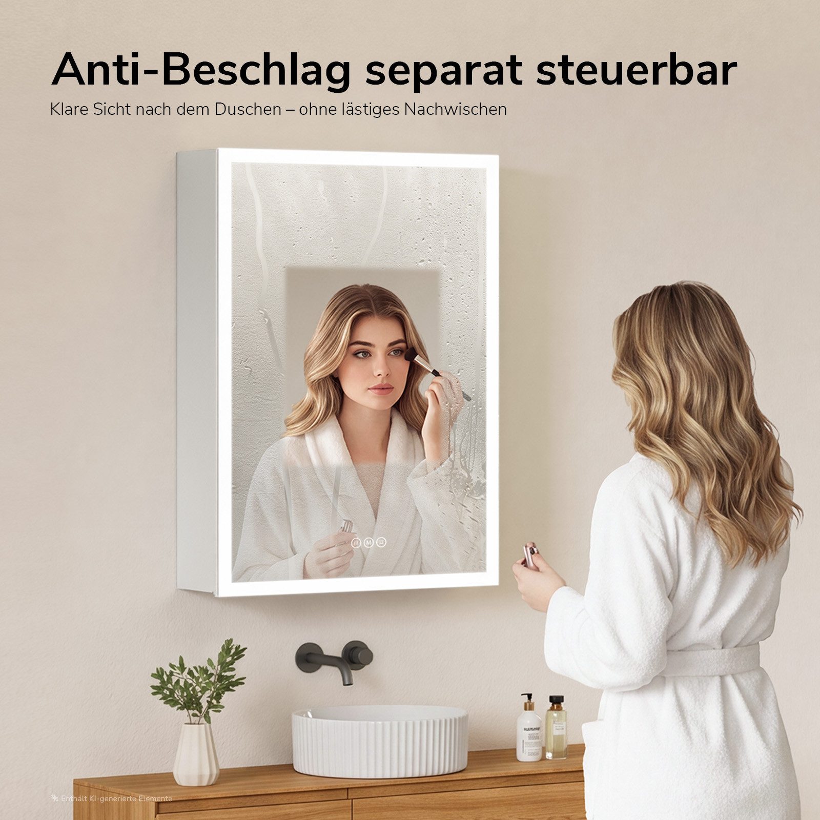 EMKE Spiegelschrank bad mit beleuchtung Badezimmerspiegelschrank Touch (1 türig) (Touch Schalter) mit Ablage und Steckdose, 3 Lichtfarben Dimmbar Antibeschlag – Bild 5 von 5