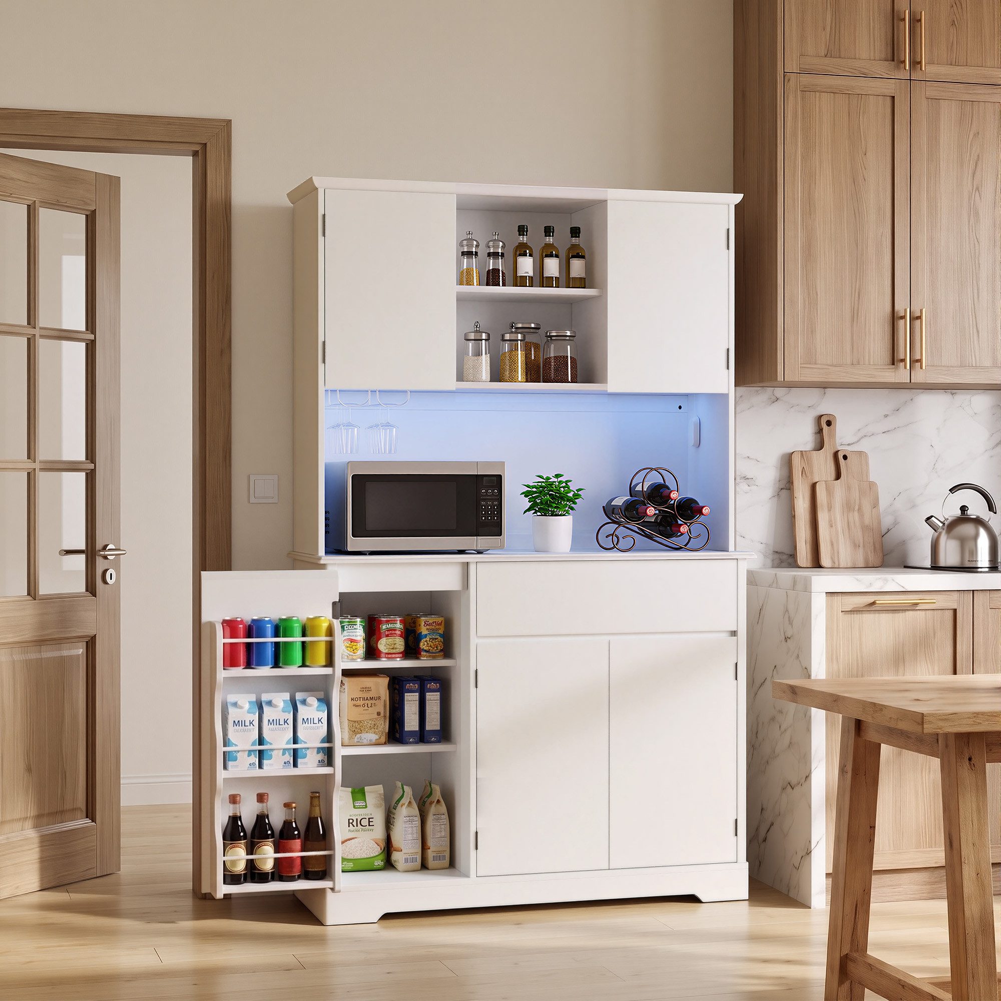 Bealife Küchenbuffet Küchenschrank mit Arbeitsplatte mit 1 Schublade und 5 Türen (Mit LED-Licht (farblich einstellbar) & Steckdose)