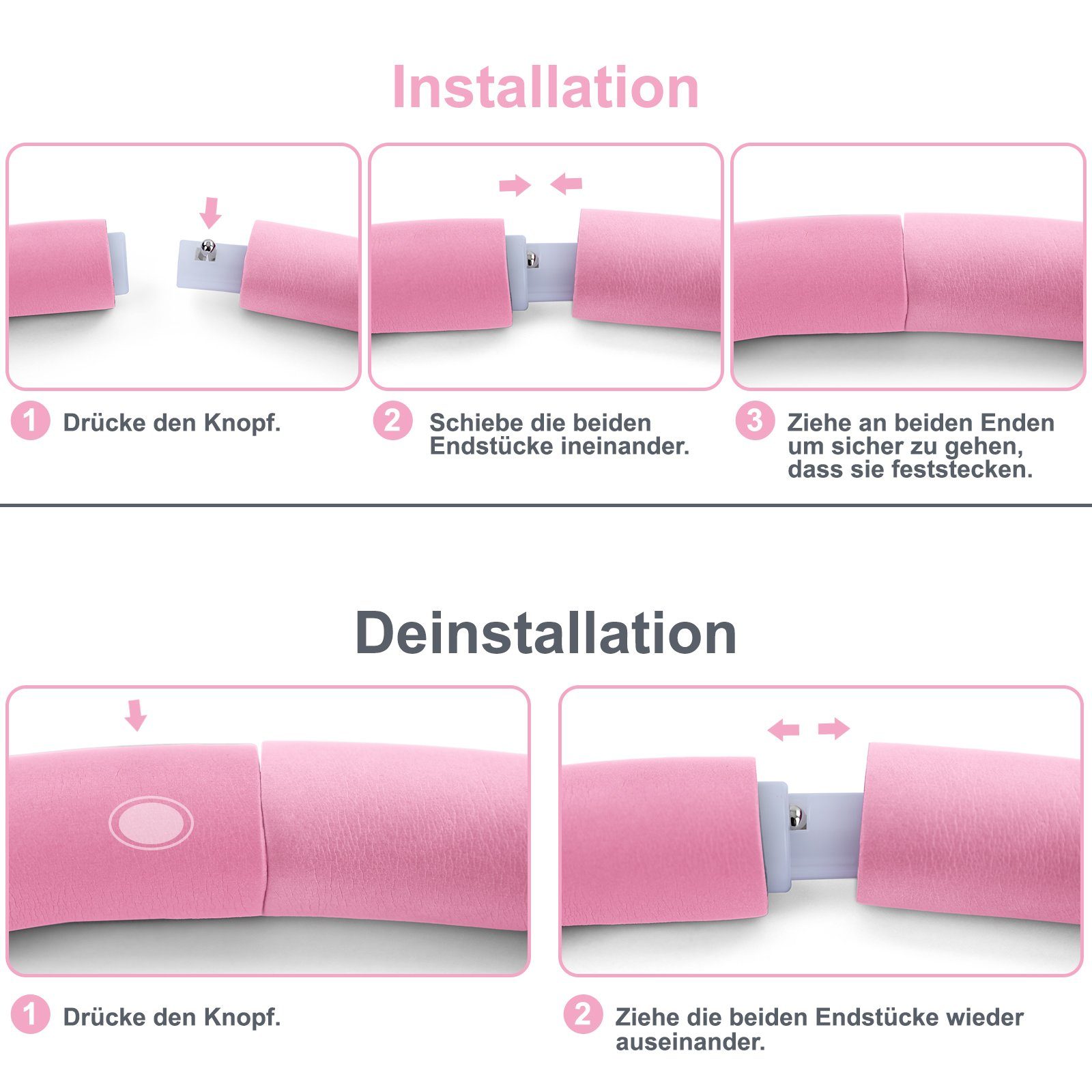 RAMROXX Hula-Hoop-Reifen Fitness Reifen 8 Teile gepolstert Durchmesser einstellbar Pink