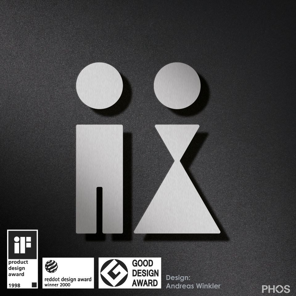 PHOS Design Hinweisschild, WC-Piktogramm aus Edelstahl - Damen & Herren (Design-Award), (Modell: P0101), selbstklebend - 100% Made in Germany