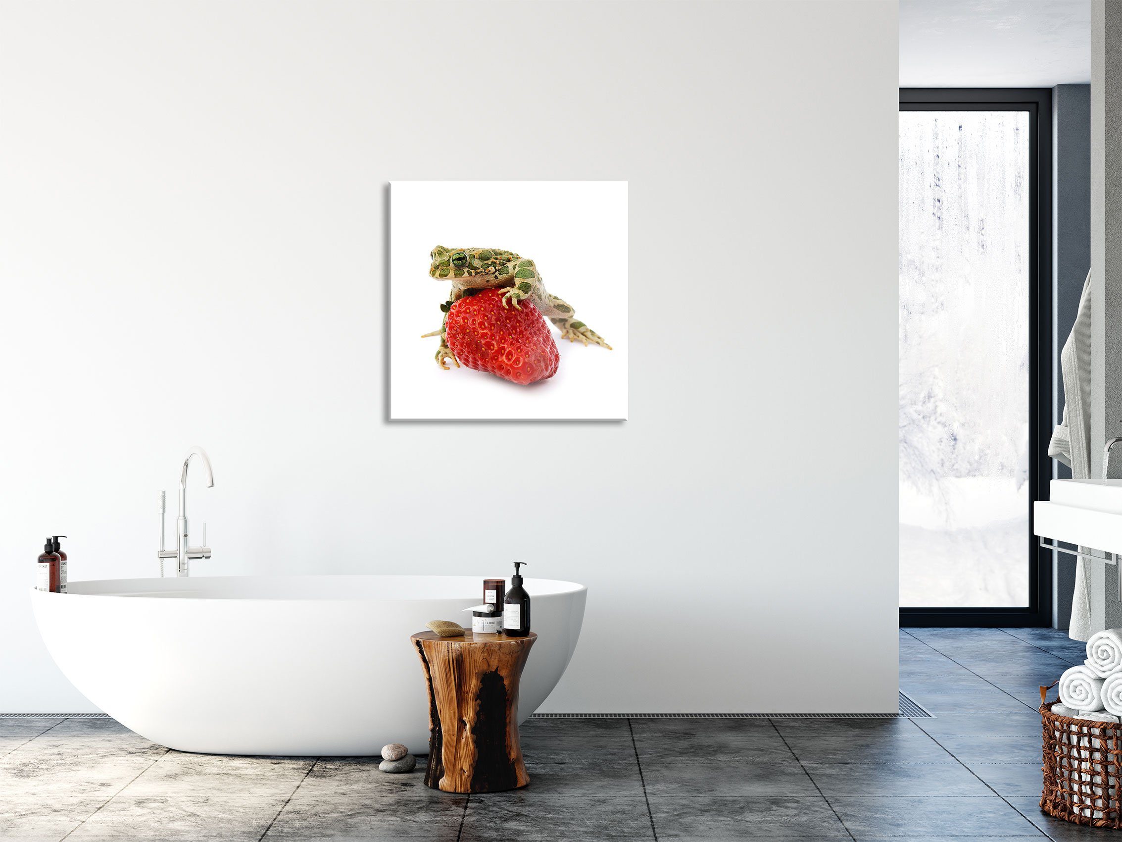 Abstandshalter St), Frosch Glasbild auf Aufhängungen sitzt Erdbeere, Pixxprint (1 Kleiner sitzt und Glasbild Echtglas, auf Kleiner inkl. aus Erdbeere Frosch