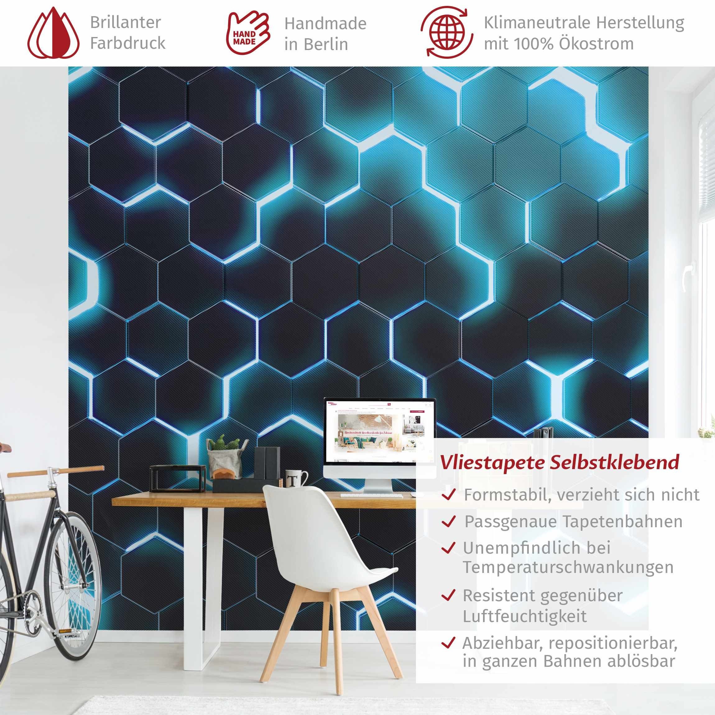 Bilderdepot24 Mustertapete Hexagone Neonlicht Türkis 3D-Optik günstig online kaufen