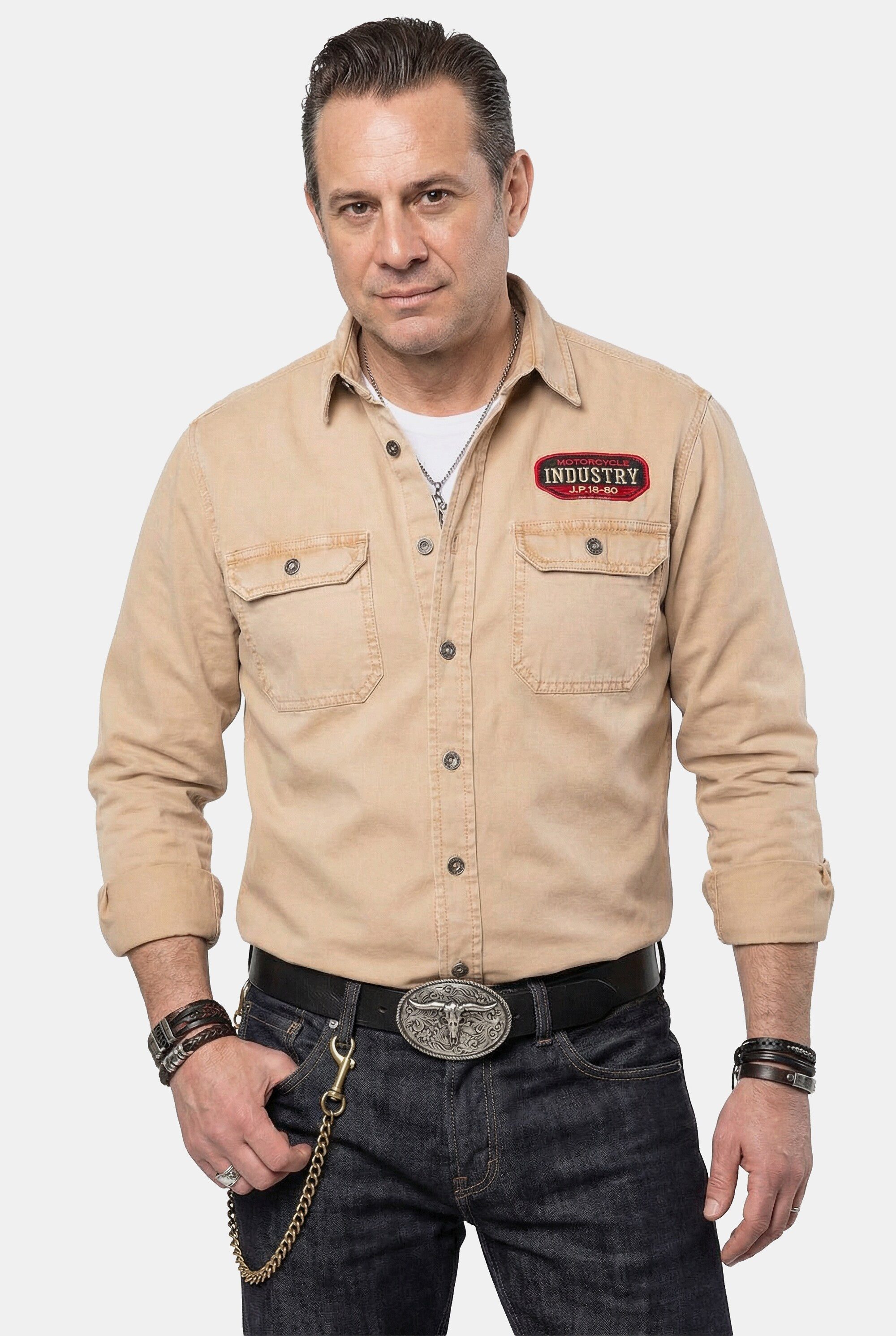 Businesshemd Overshirt Hemd Kentkragen Vintage Look Badges
