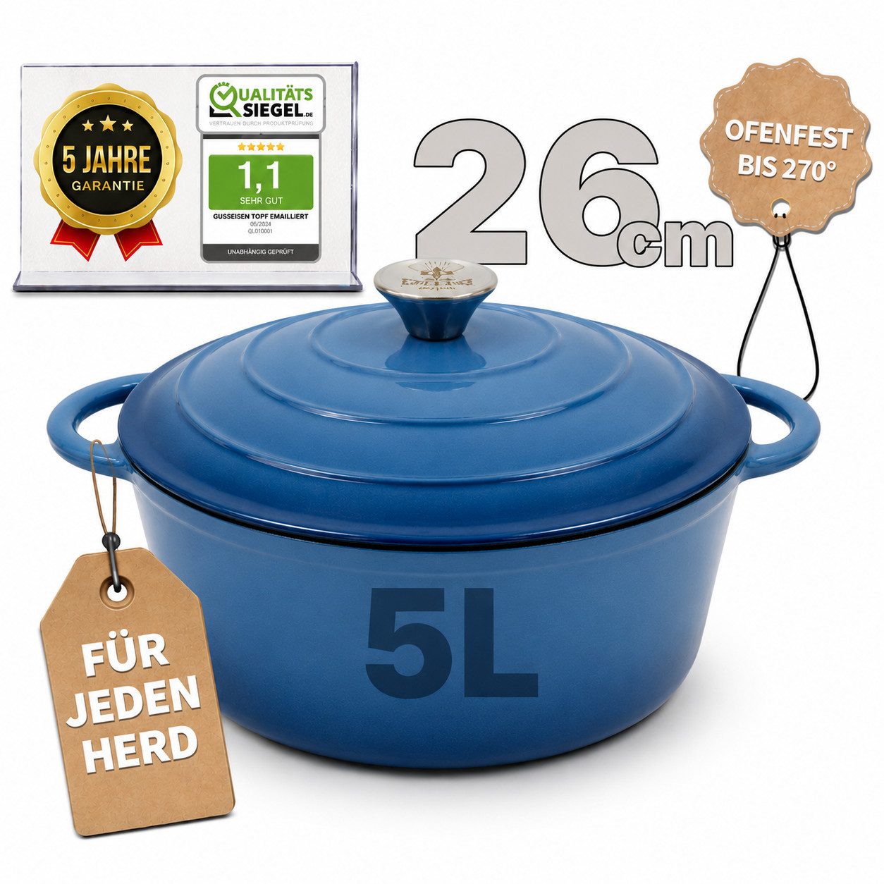 Ottia Schmortopf Gusseisen Topf lc, 26cm groß, 5L, Bräter, Brotbacktopf mit E-Book., Gusseisen, 3-fach Emaille, Händler aus Hamburg