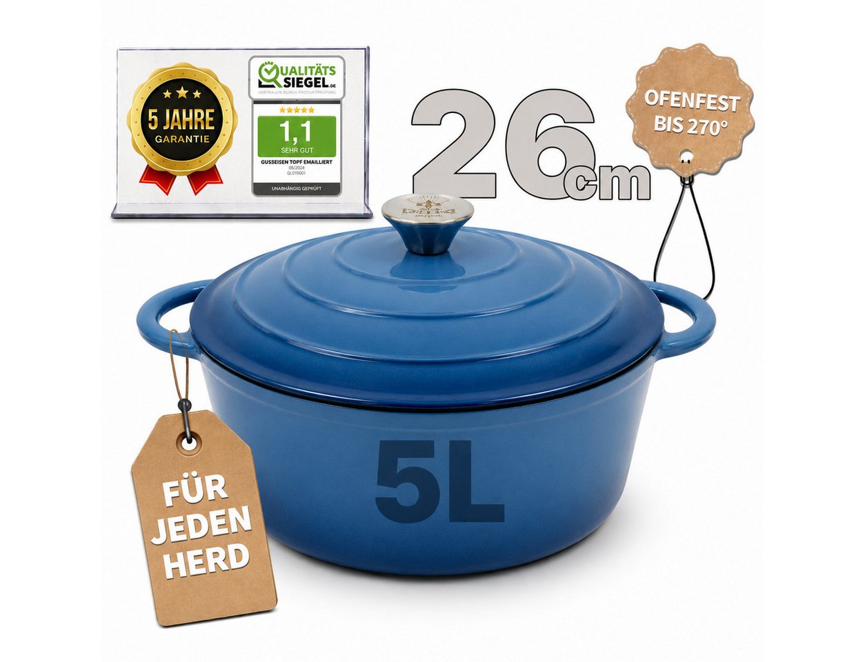 Ottia Schmortopf Gusseisen Topf lc, 26cm groß, 5L, Bräter, Brotbacktopf mit E-Book., Gusseisen, 3-fach Emaille, Händler aus Hamburg