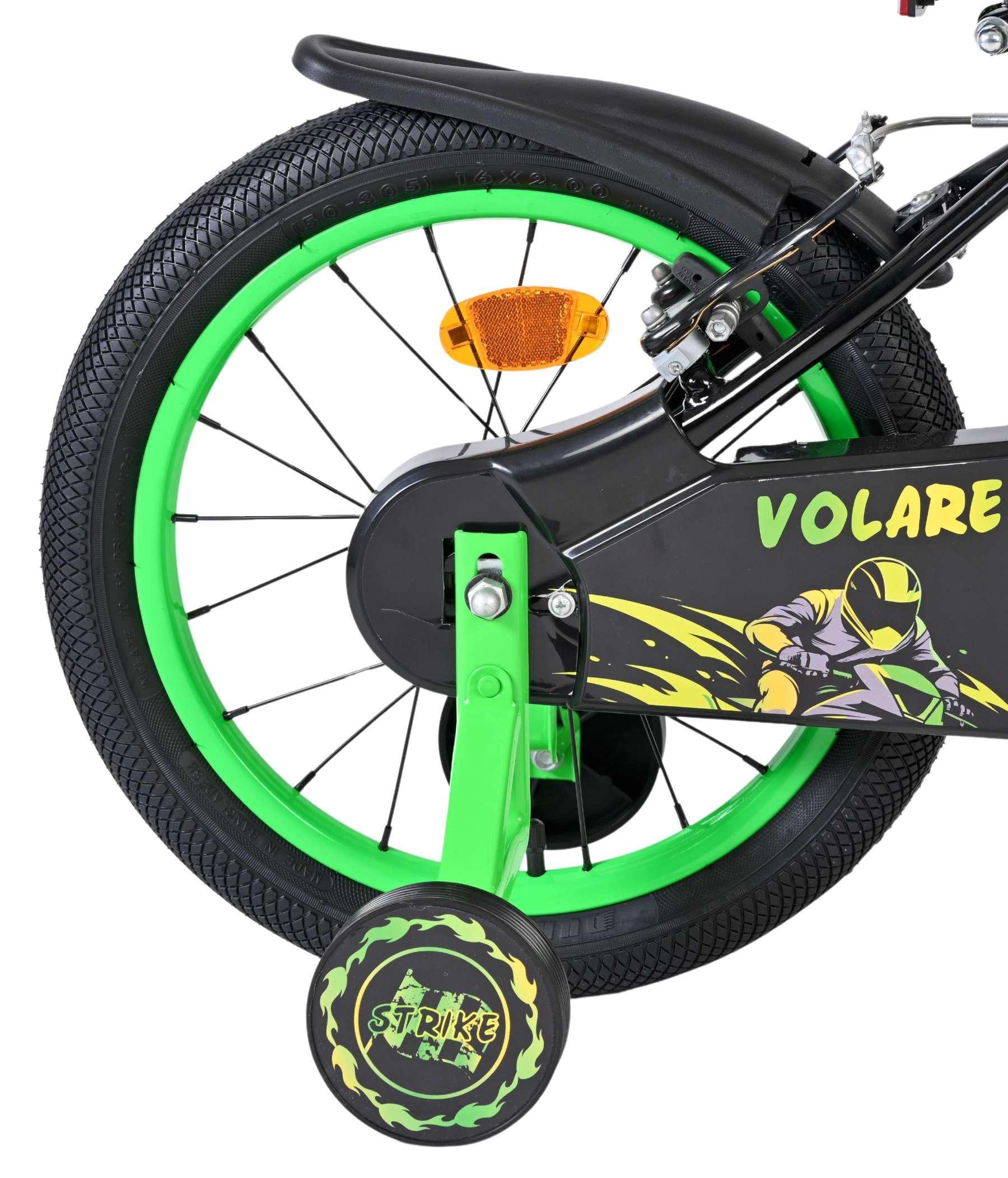Volare Kinderfahrrad Strike 16 Zoll Jungen Schwarz Grün mit zwei Handbremsen, Zwei Handbremsen, Keine Rücktrittbremse, Abnehmbare Stützräder