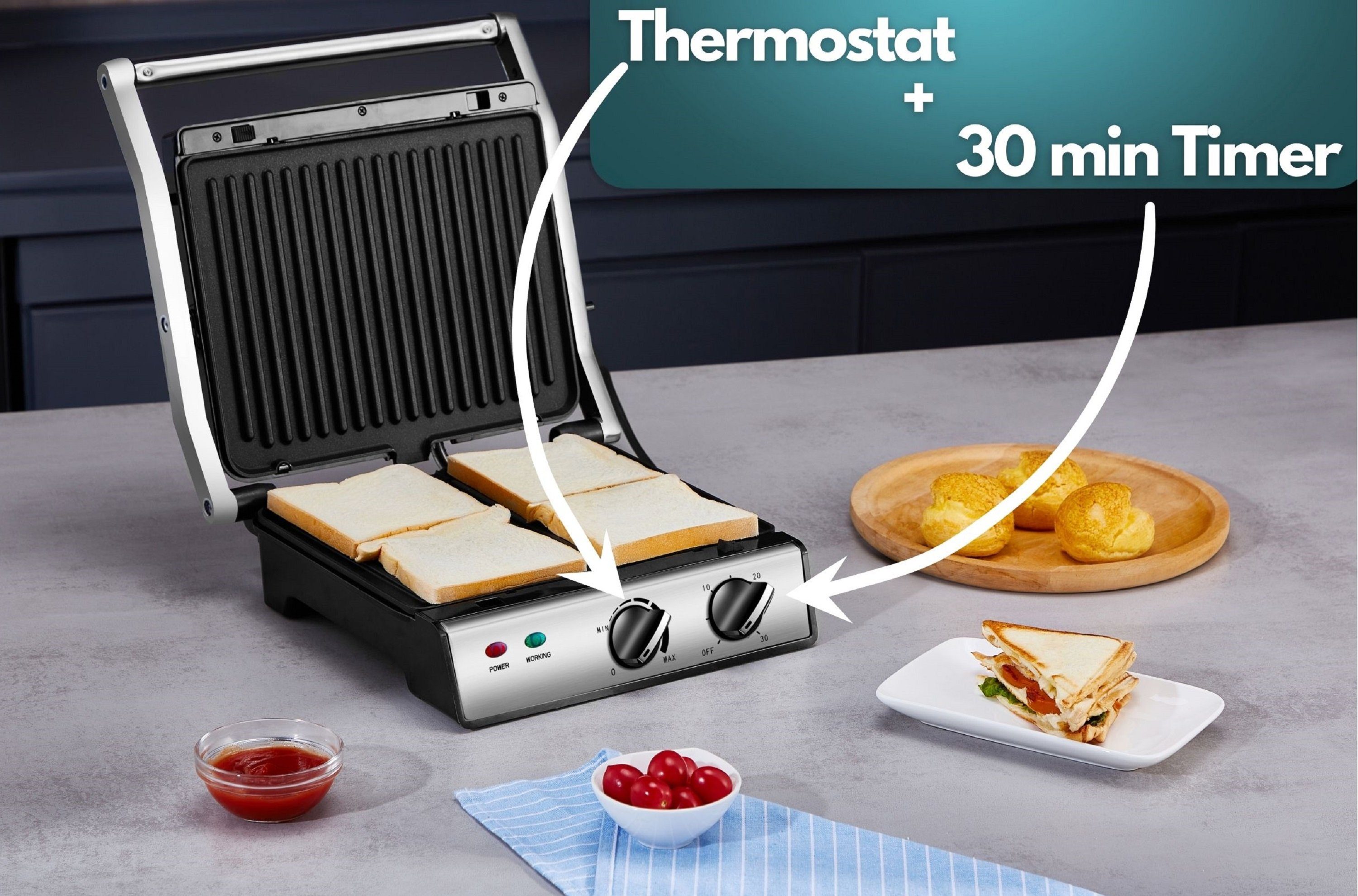STEINBORG Kontaktgrill SB-2130, 2000 W, Edelstahlgehäuse, Cool-Touch-Technologie, Antihaftbeschichtung