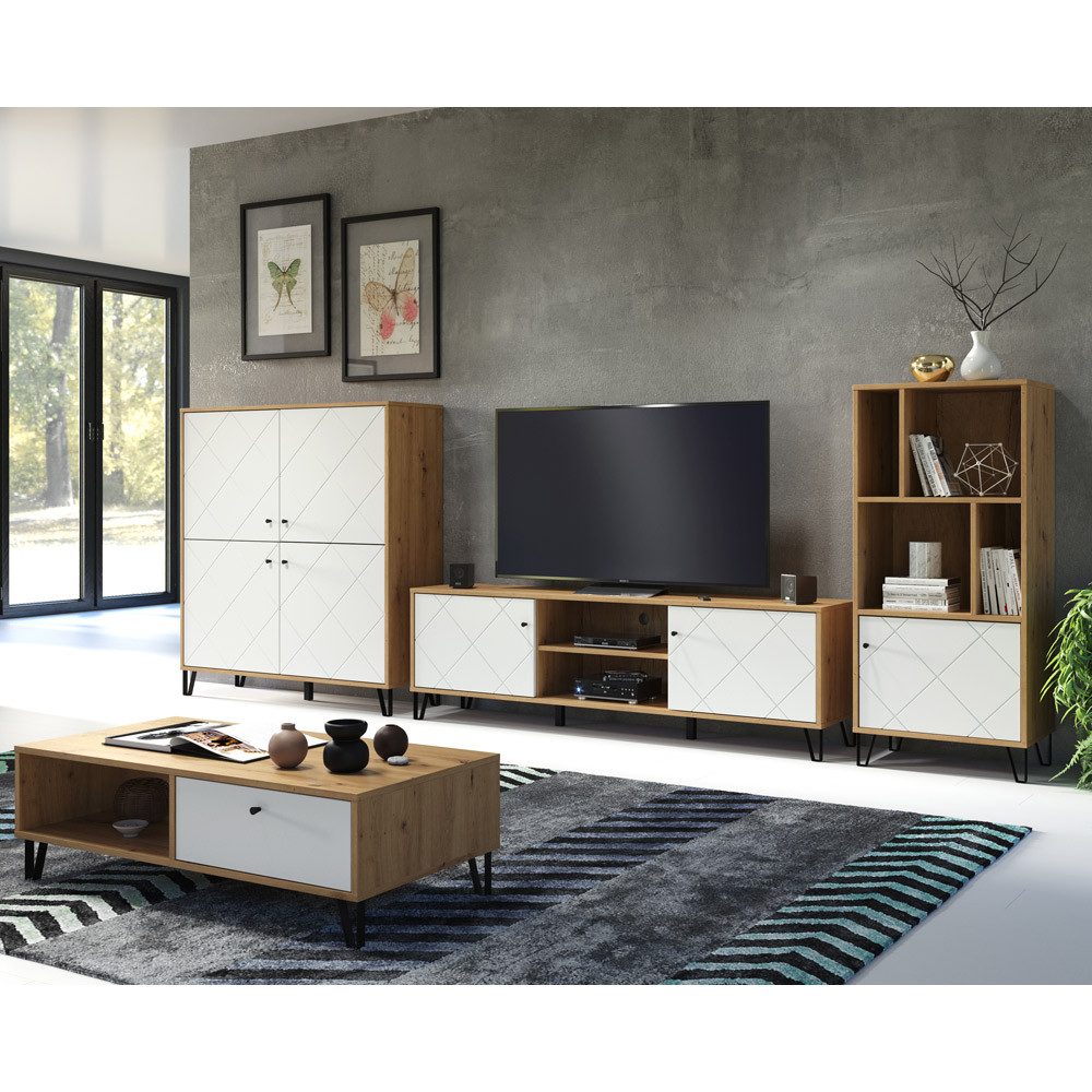 Lomadox Wohnwand TORINO-19, (4-St), Artisan Eiche Nb. mit weiß matt und mit Metallfüßen 399/136/40 cm