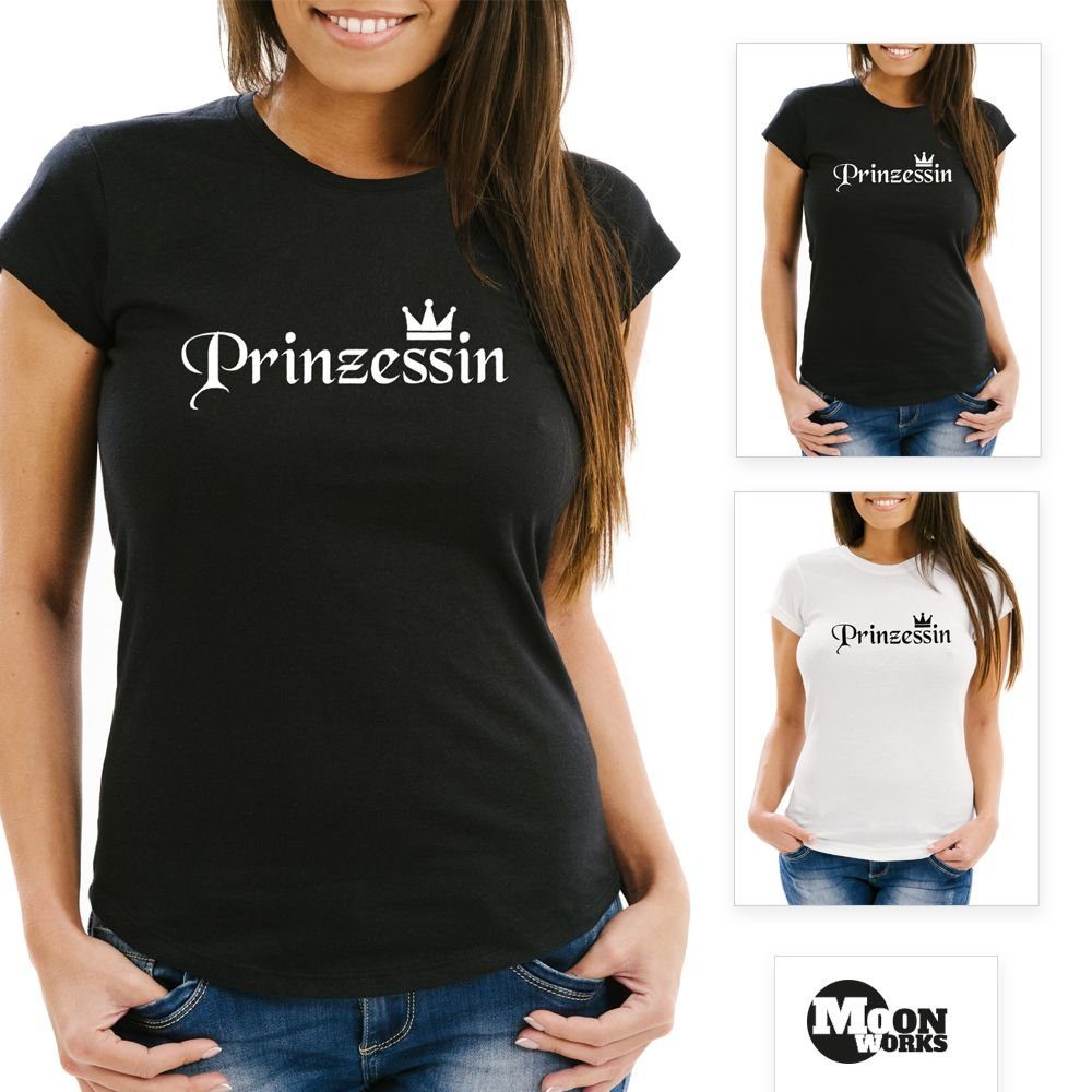 Print-Shirt Damen T-Shirt Princess Prinzessin Slim Moonworks® Print Crown Fit weiß MoonWorks Krone mit