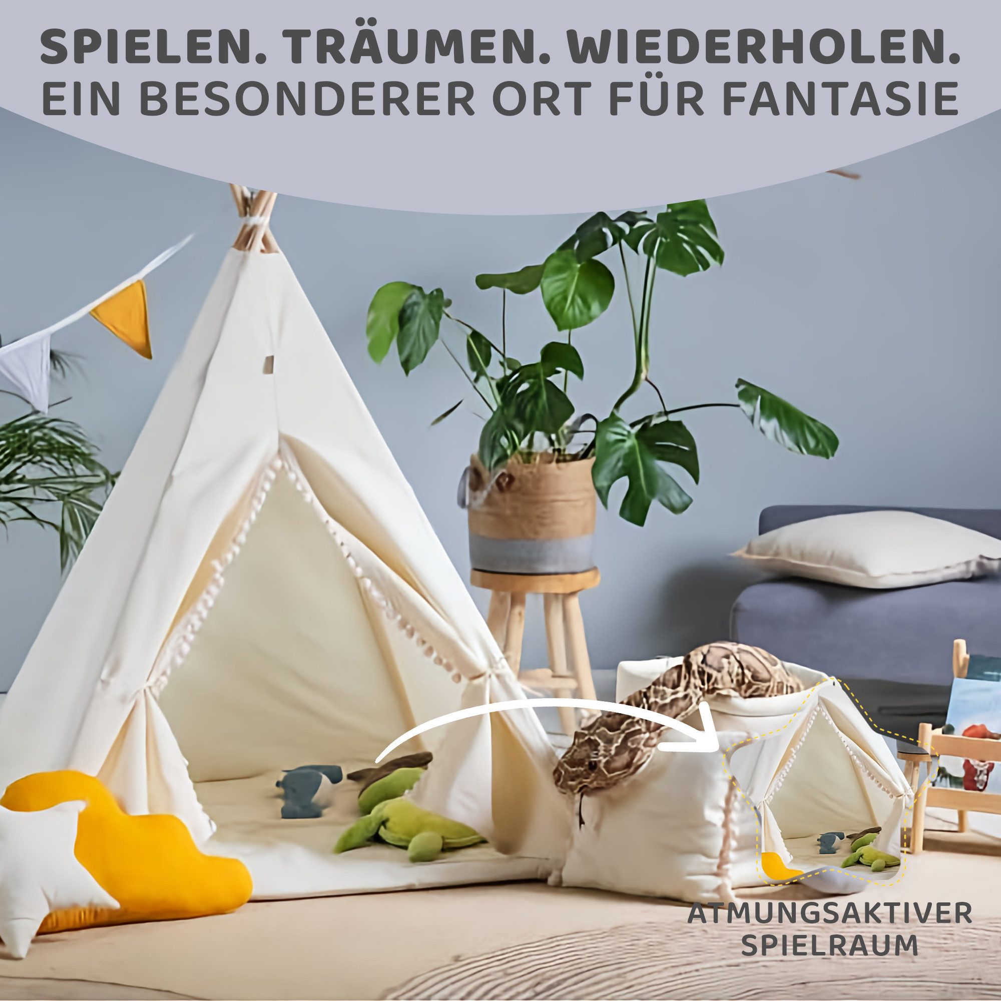 Rainbow Kids Tipi-Zelt Kinderzelt "Beiger Wolf" in Beige mit Zubehör, (8 tlg., mit 4 Kissen, Matte, Spielzeugkorb und Wimpelkette), Perfektes Spielzelt & Unterschlupf für Kinder, 110 x 110 x 160cm