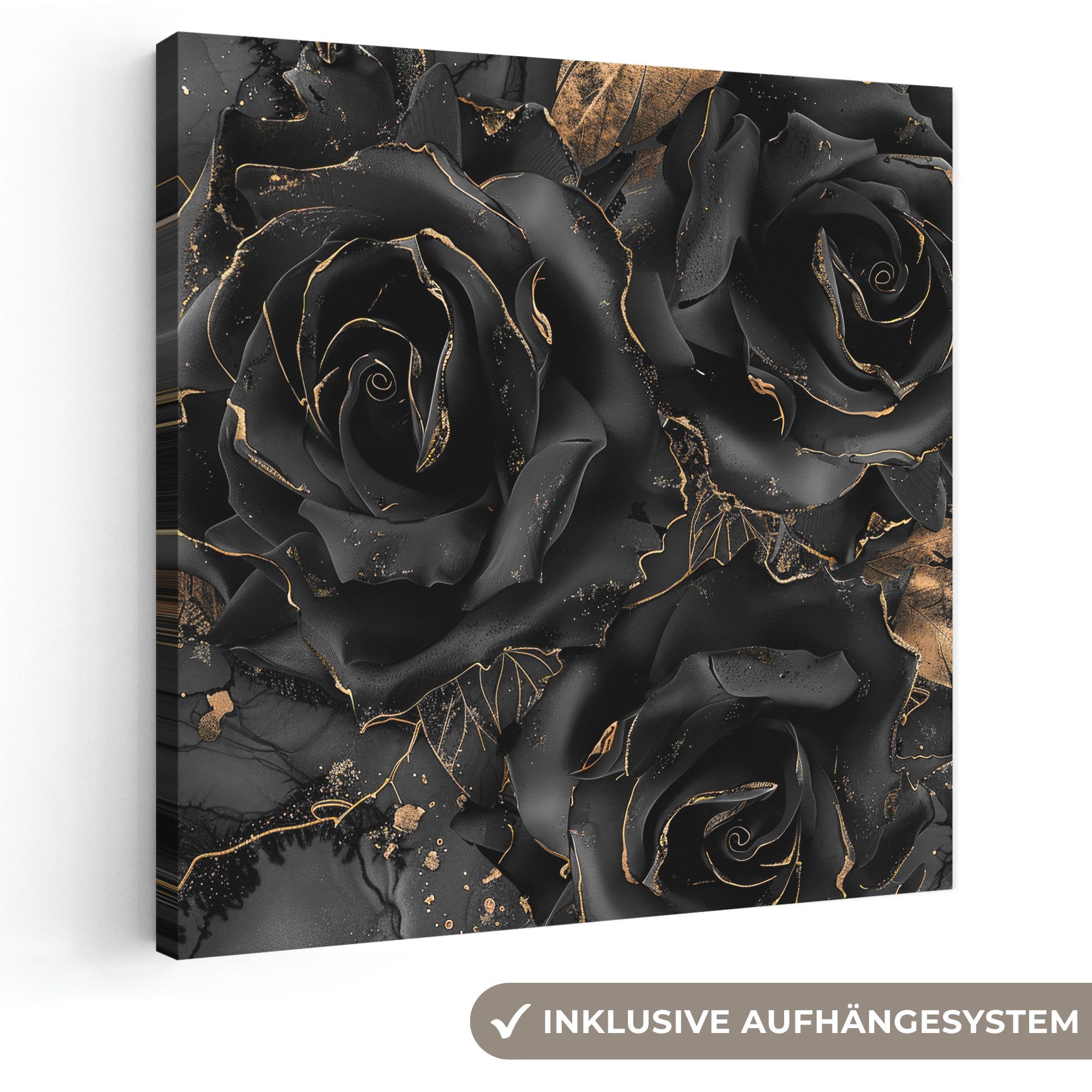 OneMillionCanvasses® Leinwandbild Rosen - Schwarz - Blumen - Gold, Fotodruck (1 St), Wandbild, Deko Schlafzimmer Wohnzimmer Flur 20x20 cm