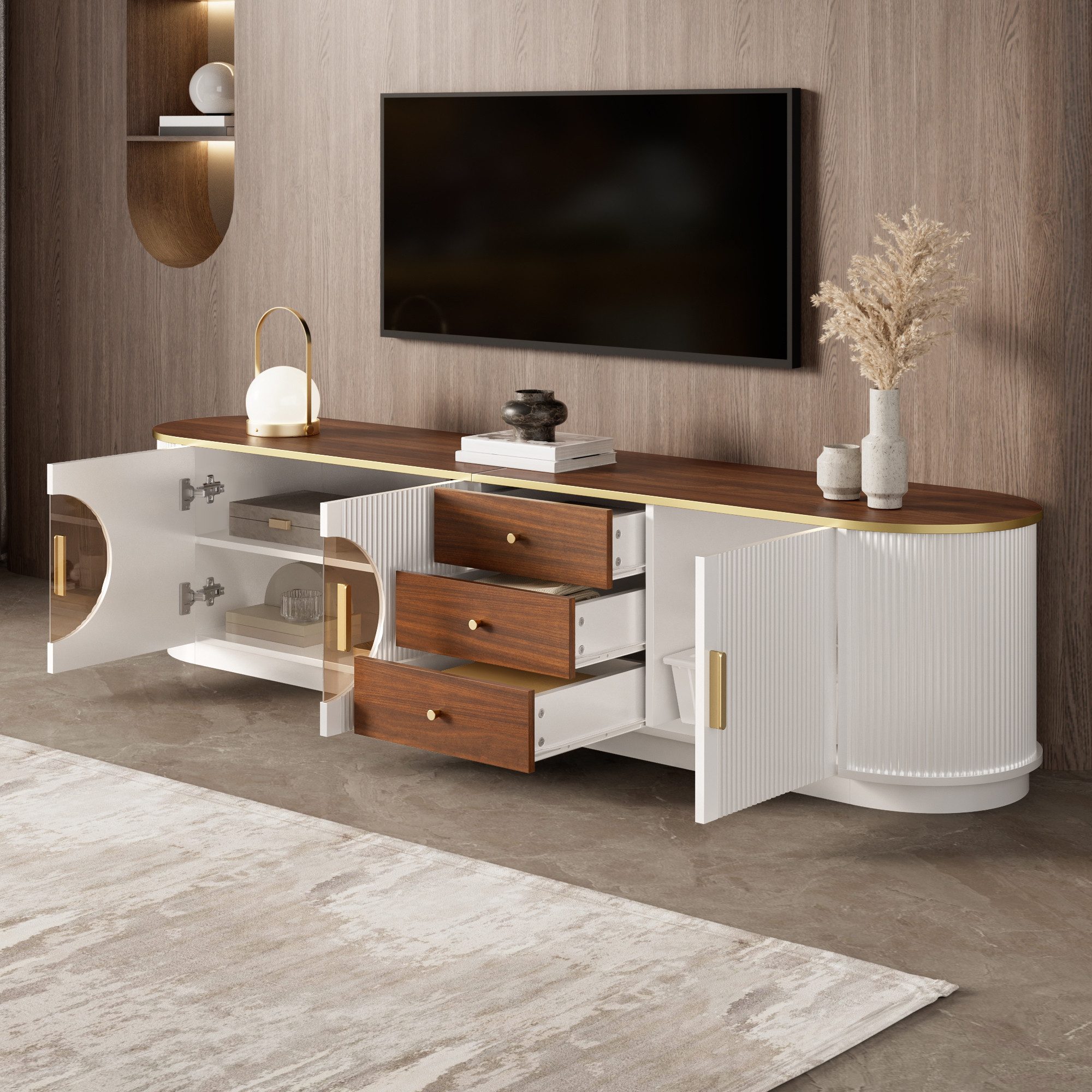 STILVORA Lowboard TV-Schrank mit Schubladen TV Element in vertikale Rillenoptik (3 Türen, 3 Schubladen, Glasdetails, Aluminiumgriffe, Lowboard, MDF-Rahmen, braunes Glas, abgerundet, kratzfest, stabil), für Wohnzimmer, TV-Bereich und gehobene Wohnräume