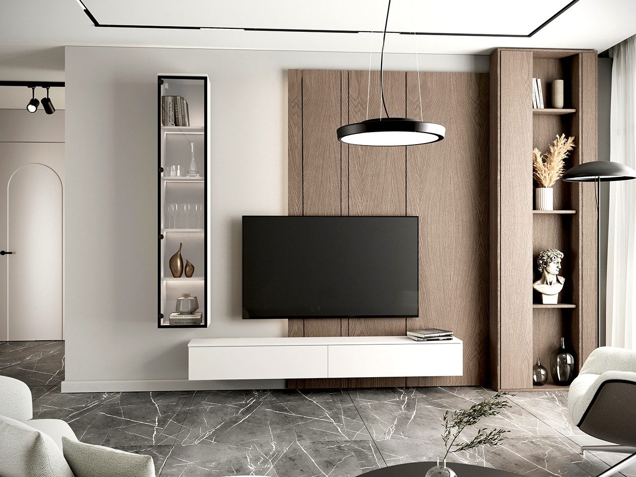MOEBLINE Wohnwand Medienwand FIVO 2 weiß Vitrine TV-Lowboard günstig online kaufen