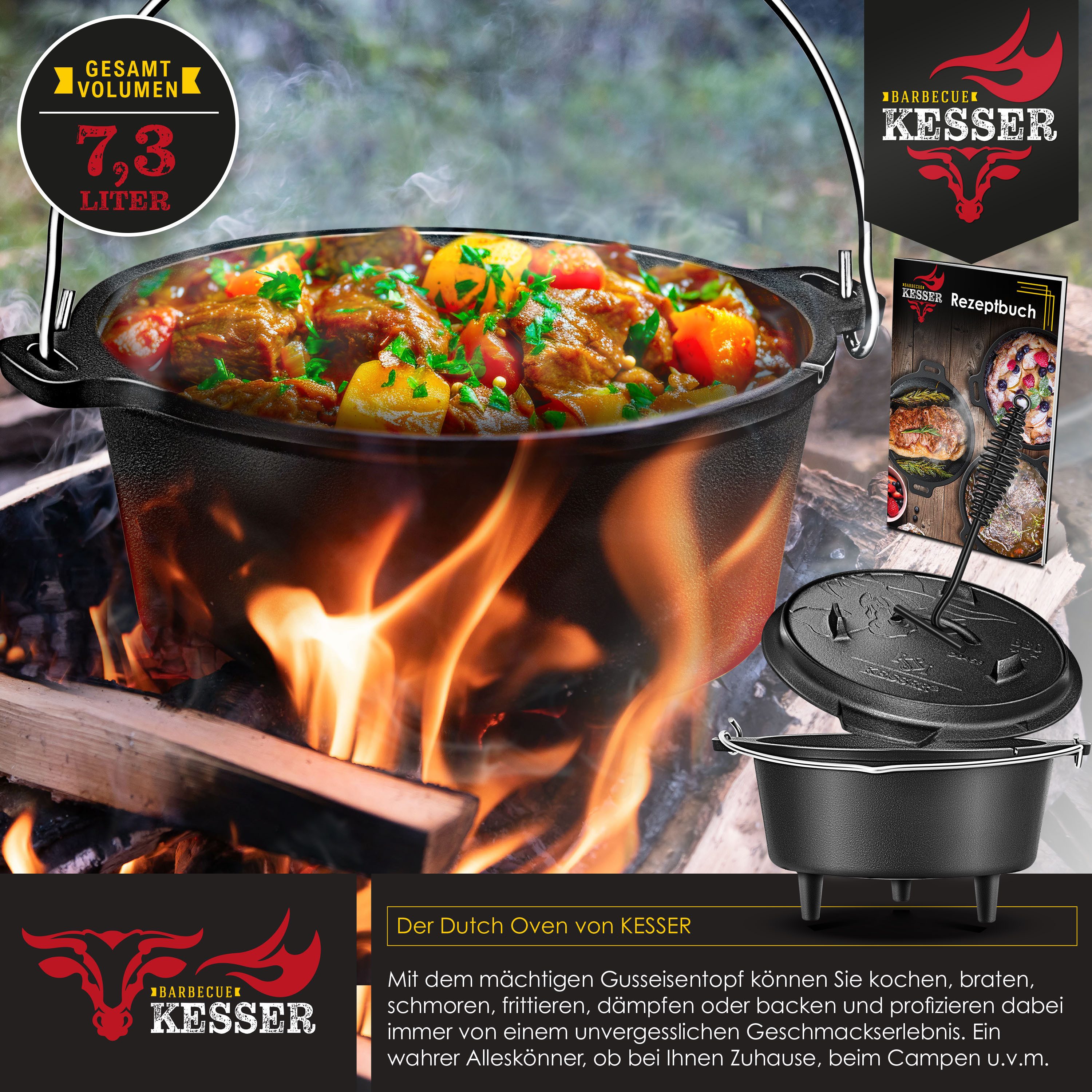 KESSER Feuertopf, Gußeisen, Dutch Oven Set BBQ Feuertopf Schmortopf, Gusseisen Topf