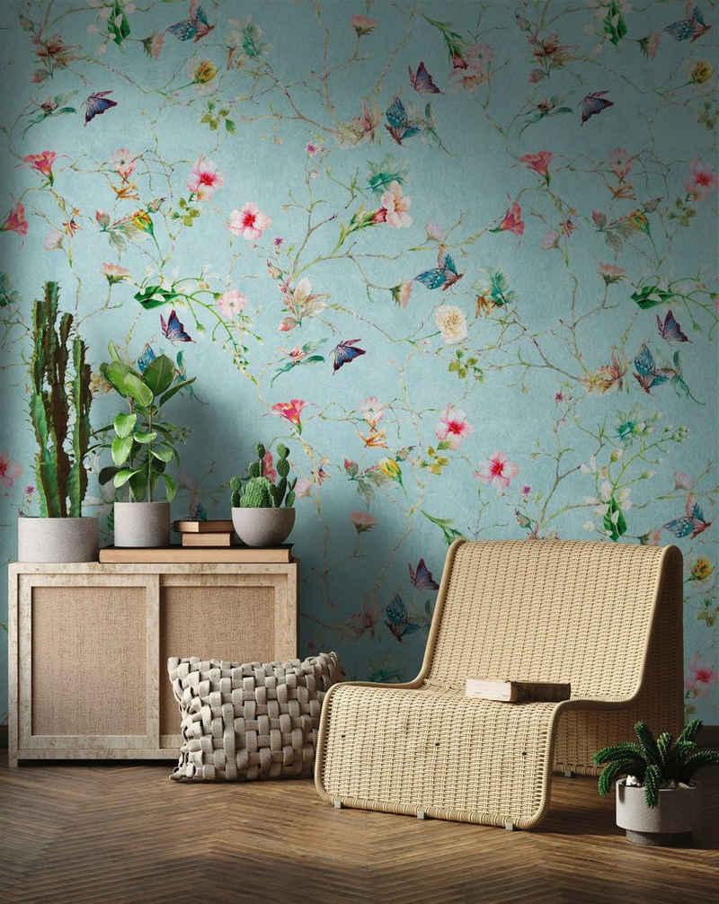 living walls Fototapete »The Wall«, glatt, animal print, floral, geblümt, Fototapete Blume Tapete Landhaus Türkis Grün Rosa