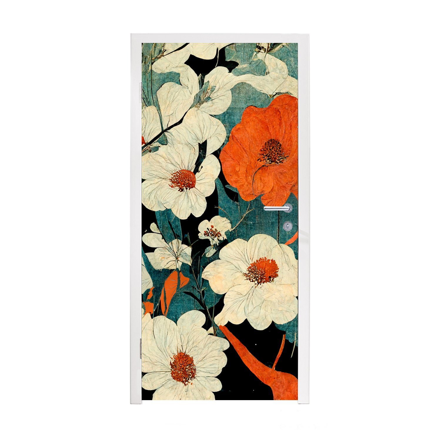 MuchoWow Türtapete Blumen - Pflanzen - Vintage - Asien - Orange, Matt, bedruckt, (1 St), Fototapete für Tür, Türaufkleber, 75x205 cm