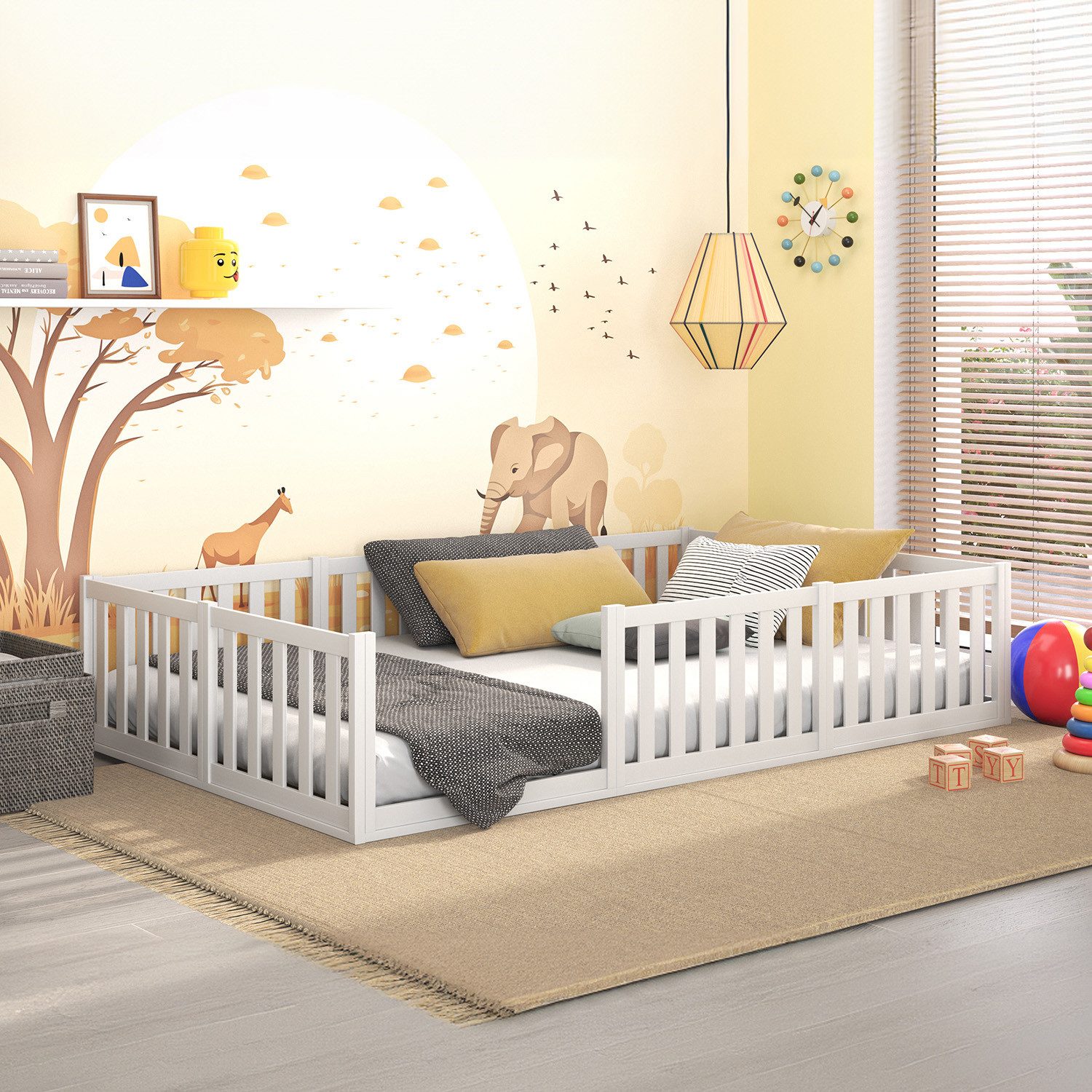 CADANI Kinderbett Teso Bodenbett weiß (flexibler Rausfallschutz), integrierter Lattenrost