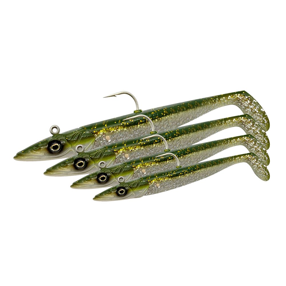 Savage Gear Kunstköder Sandeel V2 2+1 12cm 22g - 18cm 86g Sandaal Gummifisch Meeresköder, (Spar-Set), Der weiche PVC-Körper ist mit einer Glasrassel vormontiert