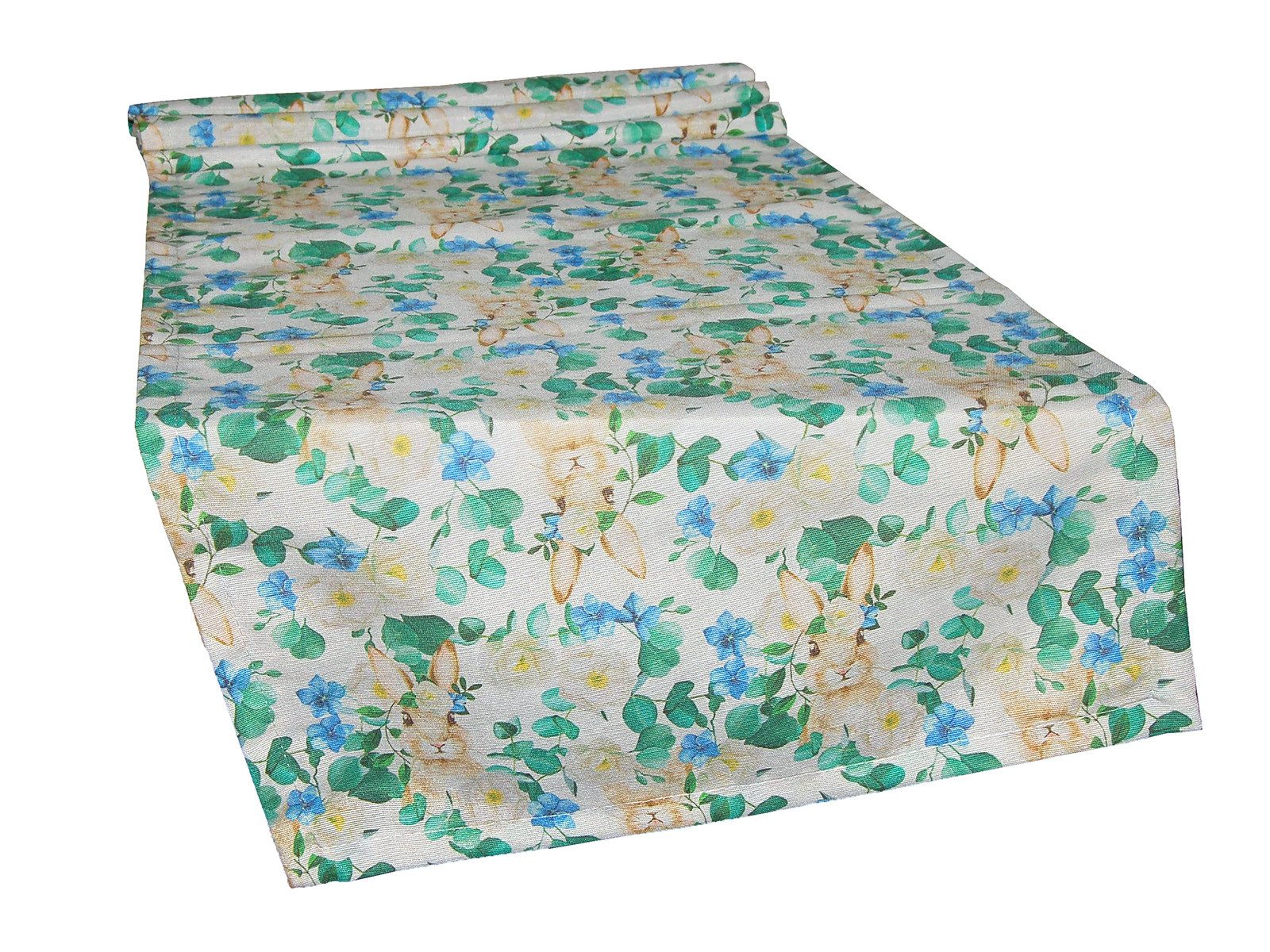 beties Tischläufer Hase Tilda (1-tlg, 1 Stück Tischläufer), Eukalyptus-Ranken mit blauen und weißen Blumen