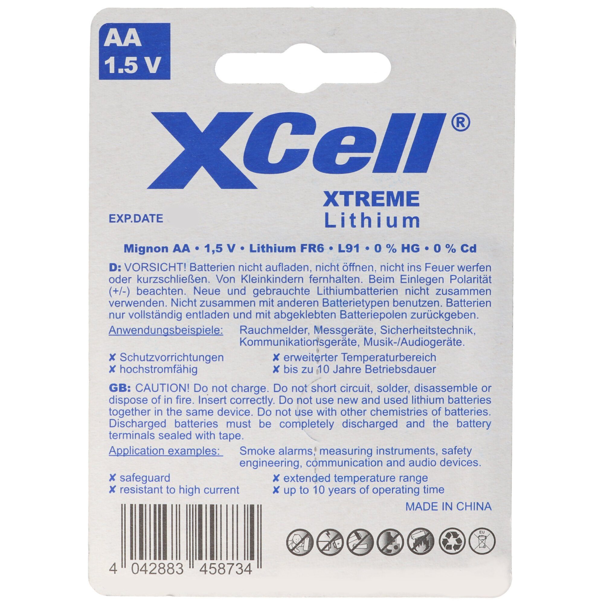 XCell AAA, Micro Lithium XTREME Batterie, (1,5 1,5V 4 V) FR03, Batterie Batterie, Lithium L92