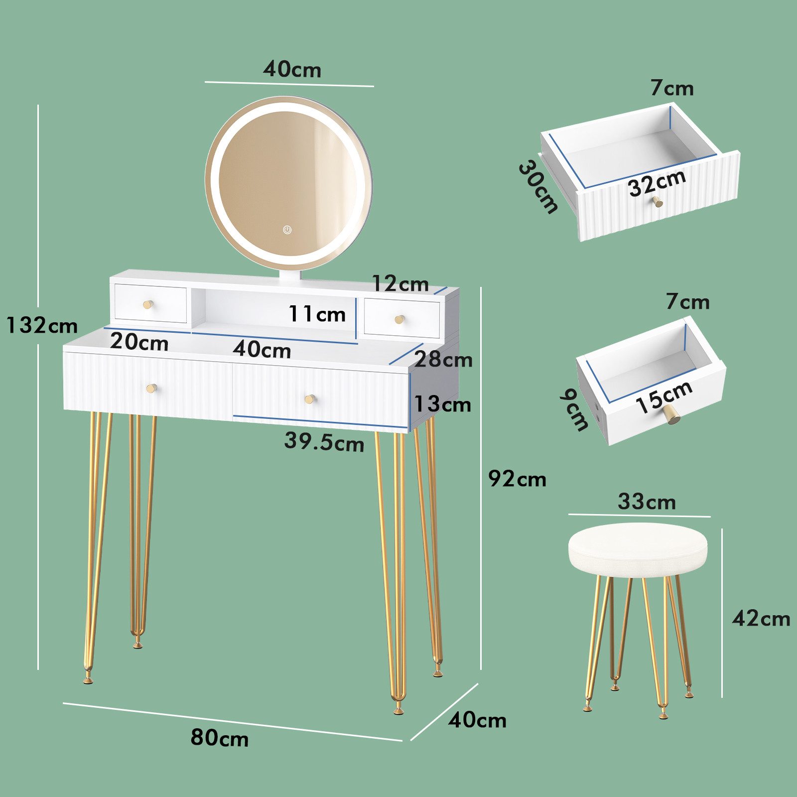 ALFORDSON Schminktisch Modernes LED-Schminktisch-Set Weiß & Gold (1-St., mit Spiegel, Schubladen und passendem Hocker), ideal für Schlafzimmer und kleine Wohnungen