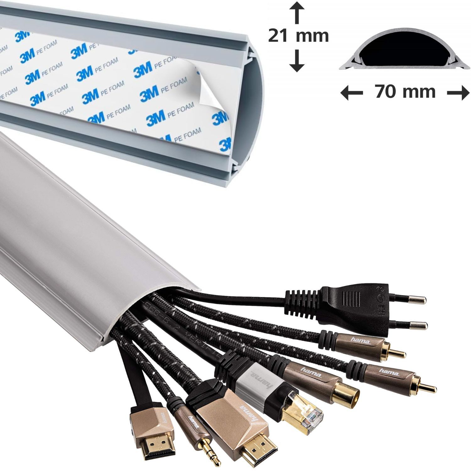 Hama Kabelkanal PVC Kanal 1m Kabelleiste Leitungskanal Silber-Grau (1-St), Kabelkanal halbrund Sockel Wand Boden Aufputz TV Beamer PC Audio HiFi