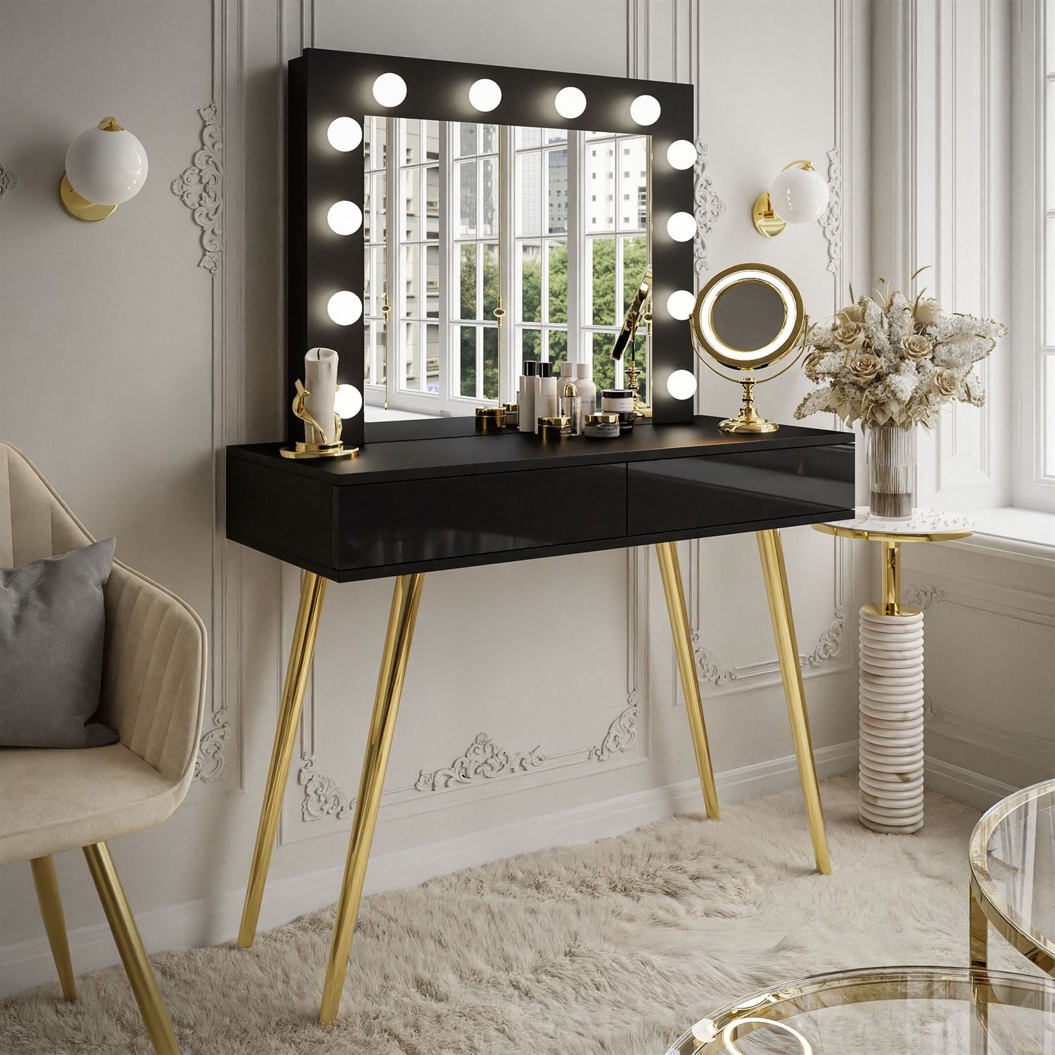 Lookway Schminktisch SIENNA GOLD auf goldenen Beinen (1x Konsole 1x Spiegel), Breite: 100 cm
