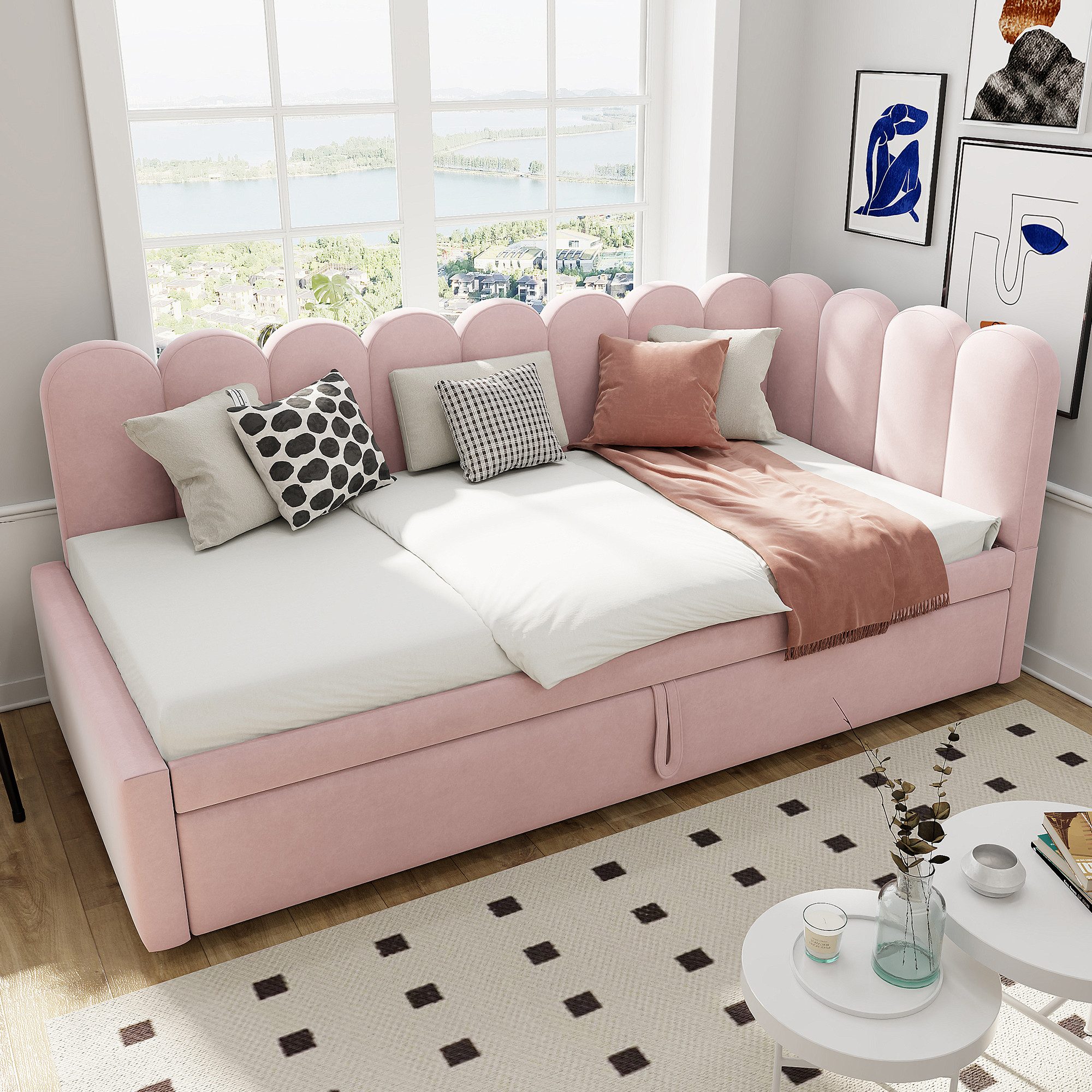 Flieks Daybett, L-Form Polsterbett Schlafsofa Tagesbett 90/180x200cm mit Ausziehbett