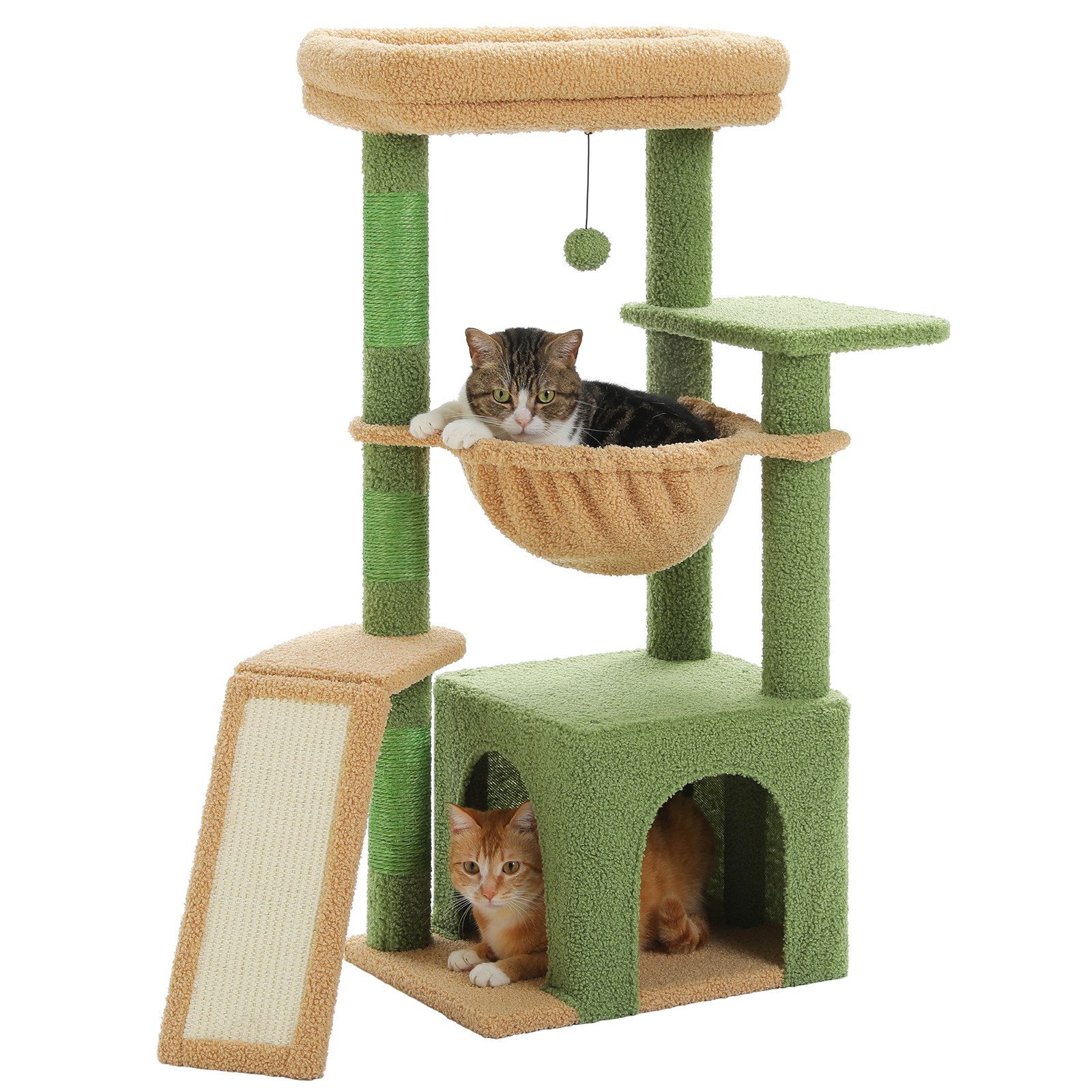 PAWZ Road Kratzbaum Kaktus-Katzenbaum für Hauskatzen 90 cm, mit großer Höhle, 1 Sisalbrett, 3 Kratzstämme, Hängematte