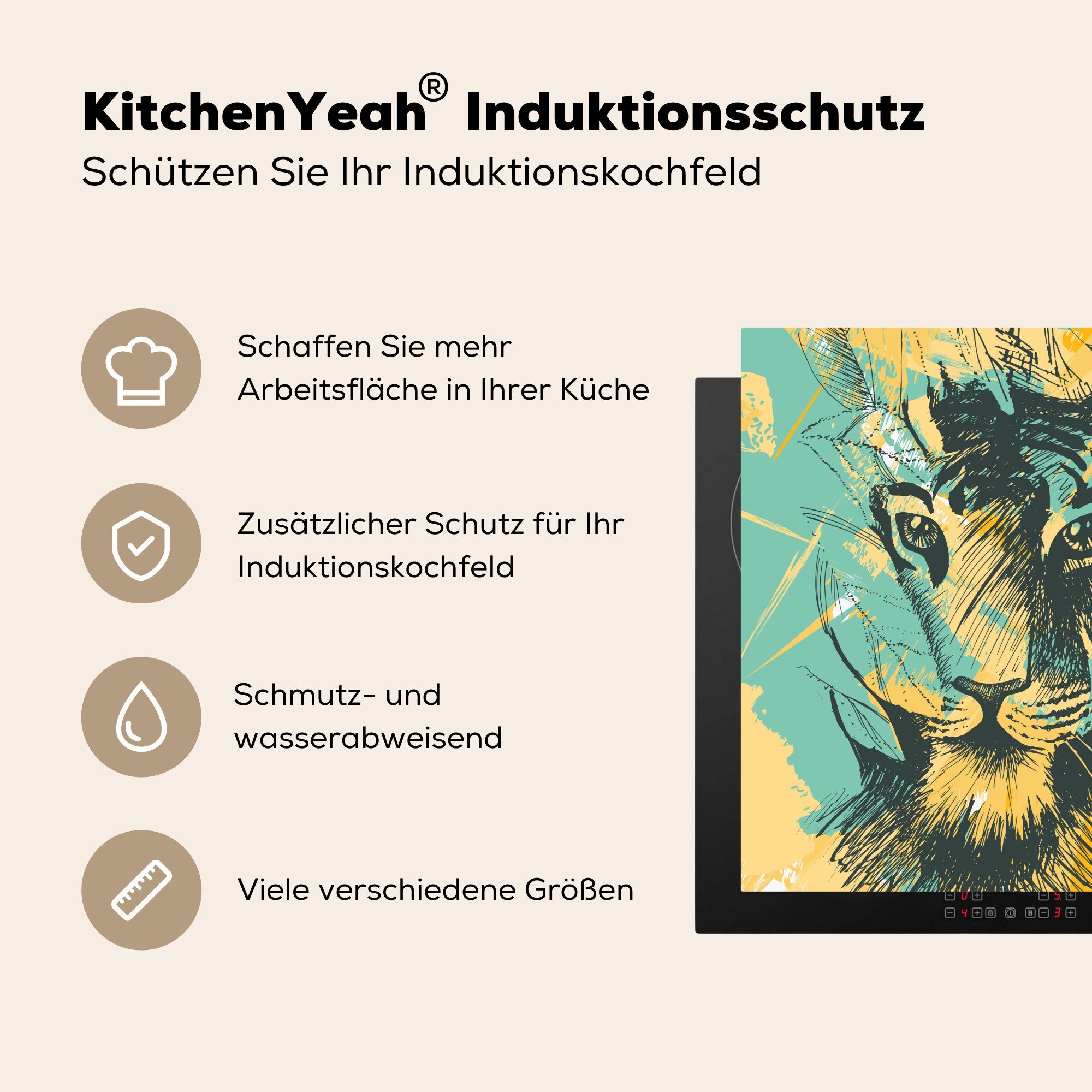 cm, Tiger Herdblende-/Abdeckplatte - tlg), Vinyl, Gelb, - (1 Abstrakt 78x78 Arbeitsplatte MuchoWow Ceranfeldabdeckung, küche für