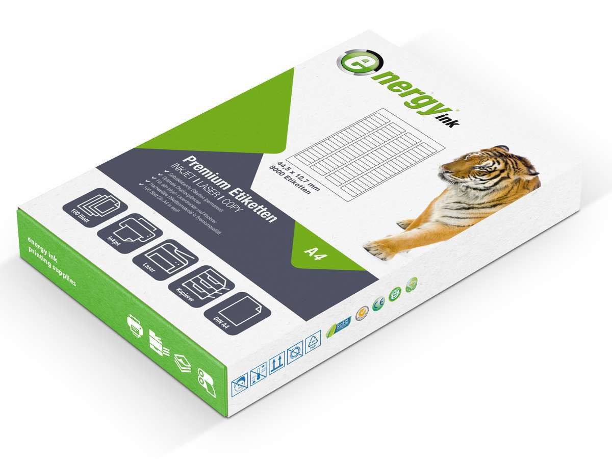 Energy-ink Etikettenpapier energy ink ET44,5x12,7, Etiketten 44,5x12,7 mm - 100 Blatt = 8000 Etiketten A4