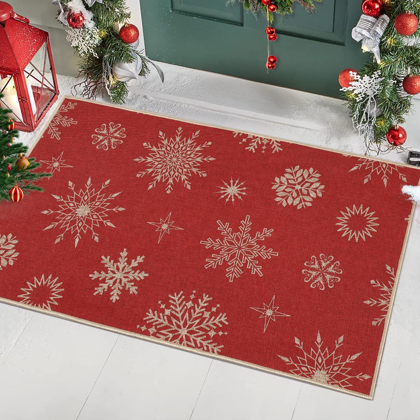GarveeMore Fußmatte Weihnachten Fußmatte 40x60cm rot mit Schneeflocken, rutschfest, waschbar, Innen & Außen Weihnachtsdekoration, rote Eingangsmatte