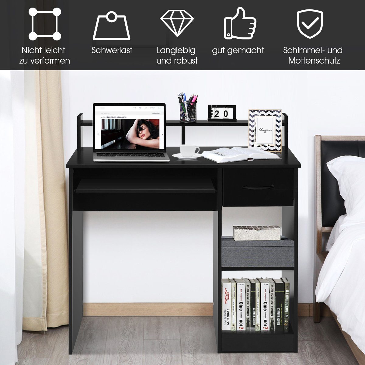 COSTWAY Schreibtisch, mit Ablage, Schublade, Tastaturauszug günstig online kaufen