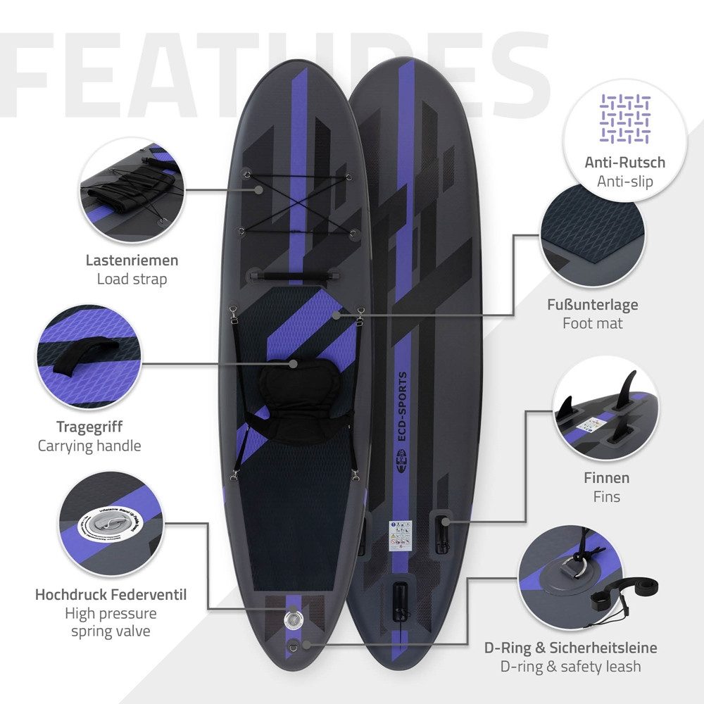 ECD Germany SUP-Board Aufblasbares SUP Board mit Kajaksitz inkl Komplett Set Paddle Board, Stand-Up Paddle-Board, Aufblasbares Surfboard Schwarz mit Kajaksitz & Anti-Rutsch Belag