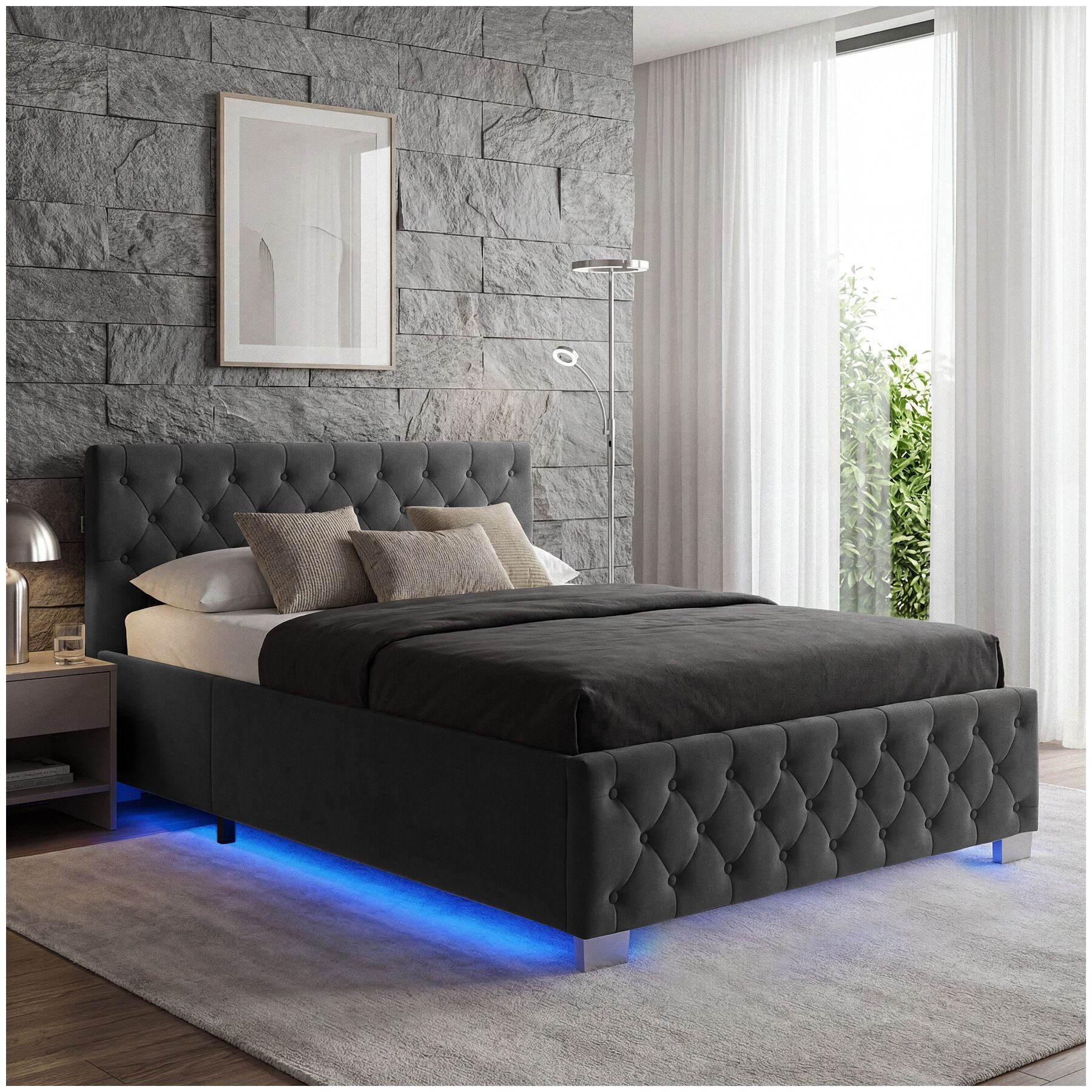 tectake Polsterbett Komfortbett mit LED-Leisten & Stauraum - Samtoptik mit Steppmuster (Bettset, in Samtoptik Schwarz), stabiler Stahlrahmen, Belastbarkeit 200 kg