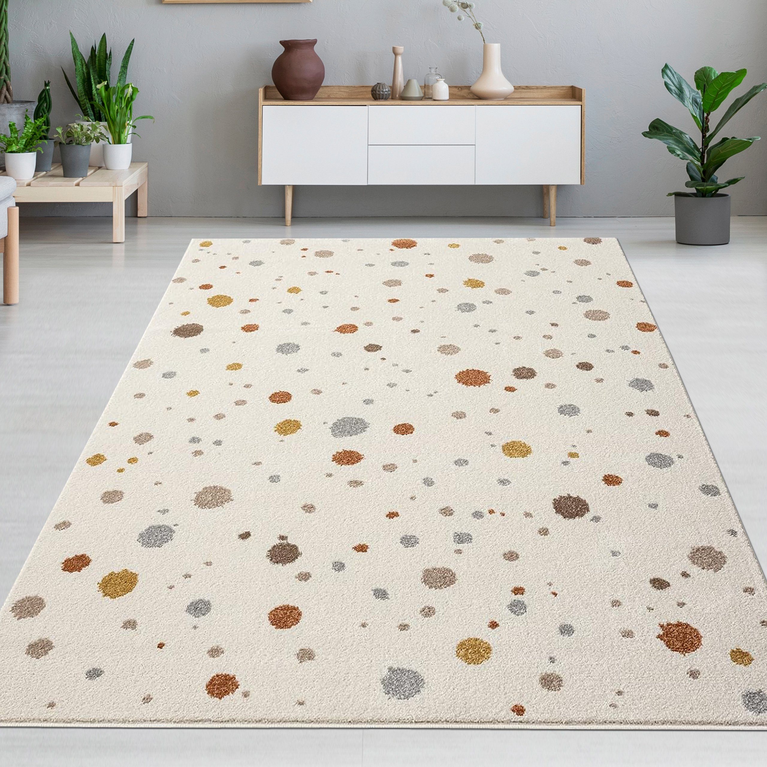 Teppich Cremefarbener Teppich mit Farbklecksen in Braun- und Grautönen, Carpetia, rechteckig, Höhe: 9 mm