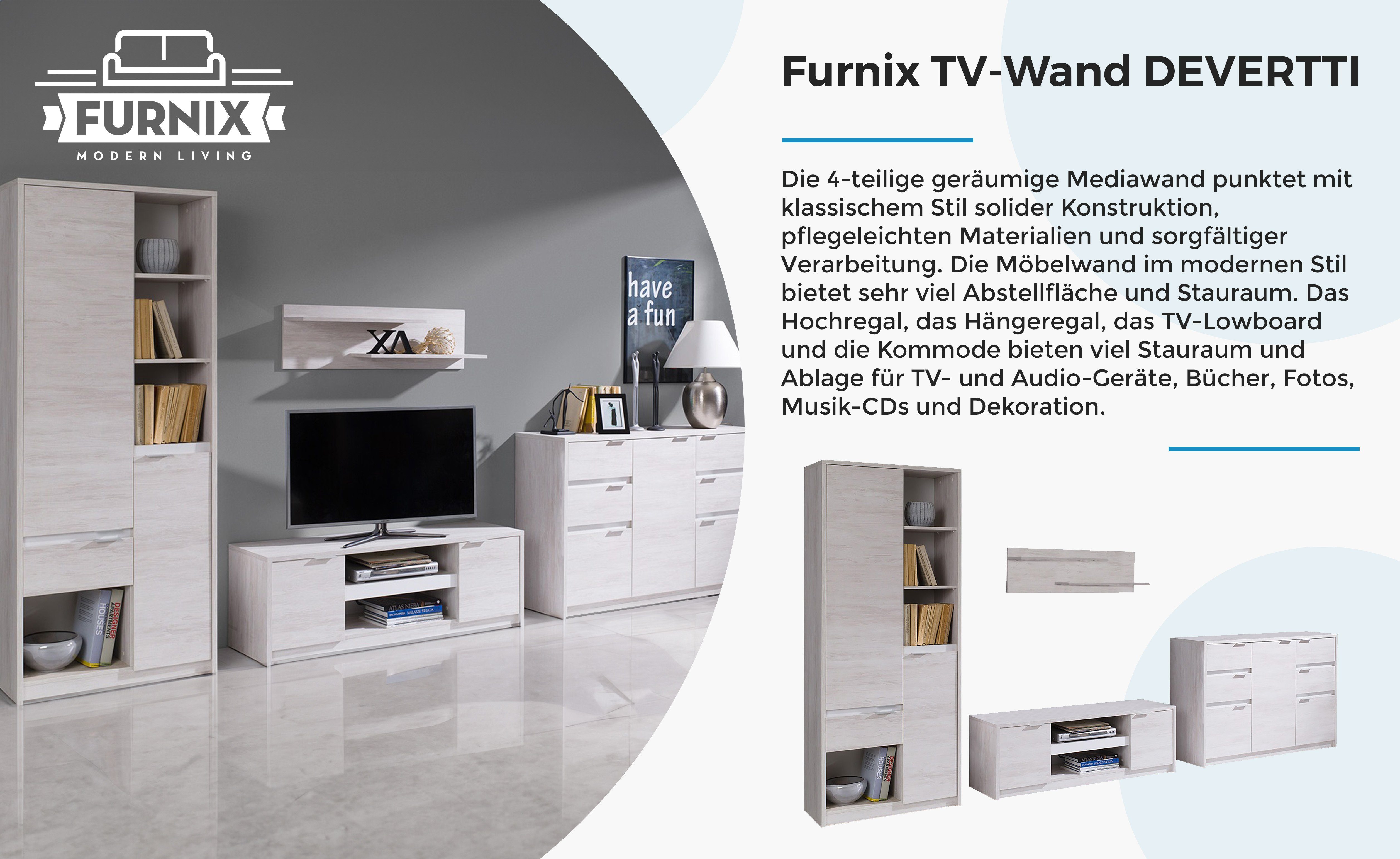 Furnix 4 mit Weißeiche/Weiß Mediawand 4-teilig Glanz, pflegeleicht DEVERTTI Wohnwand TV-Schrank