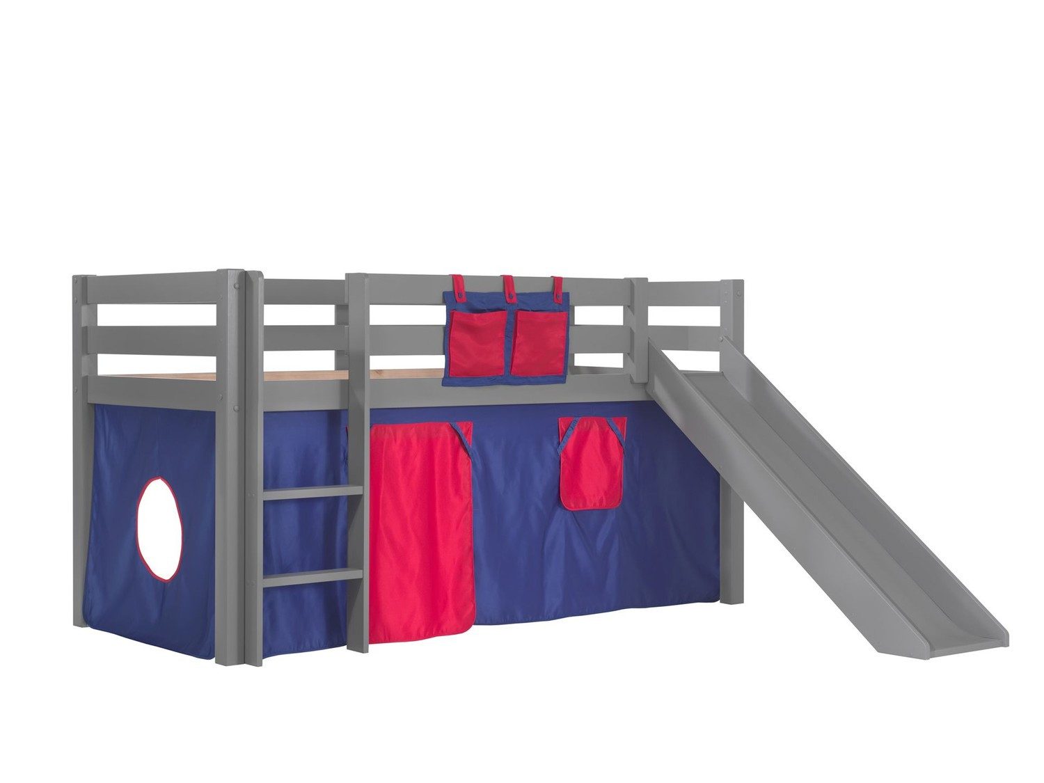 Natur24 Einzelbett Spielbett Pino 90 x 200 cm Rutsche Kiefer Grau Blau Rot
