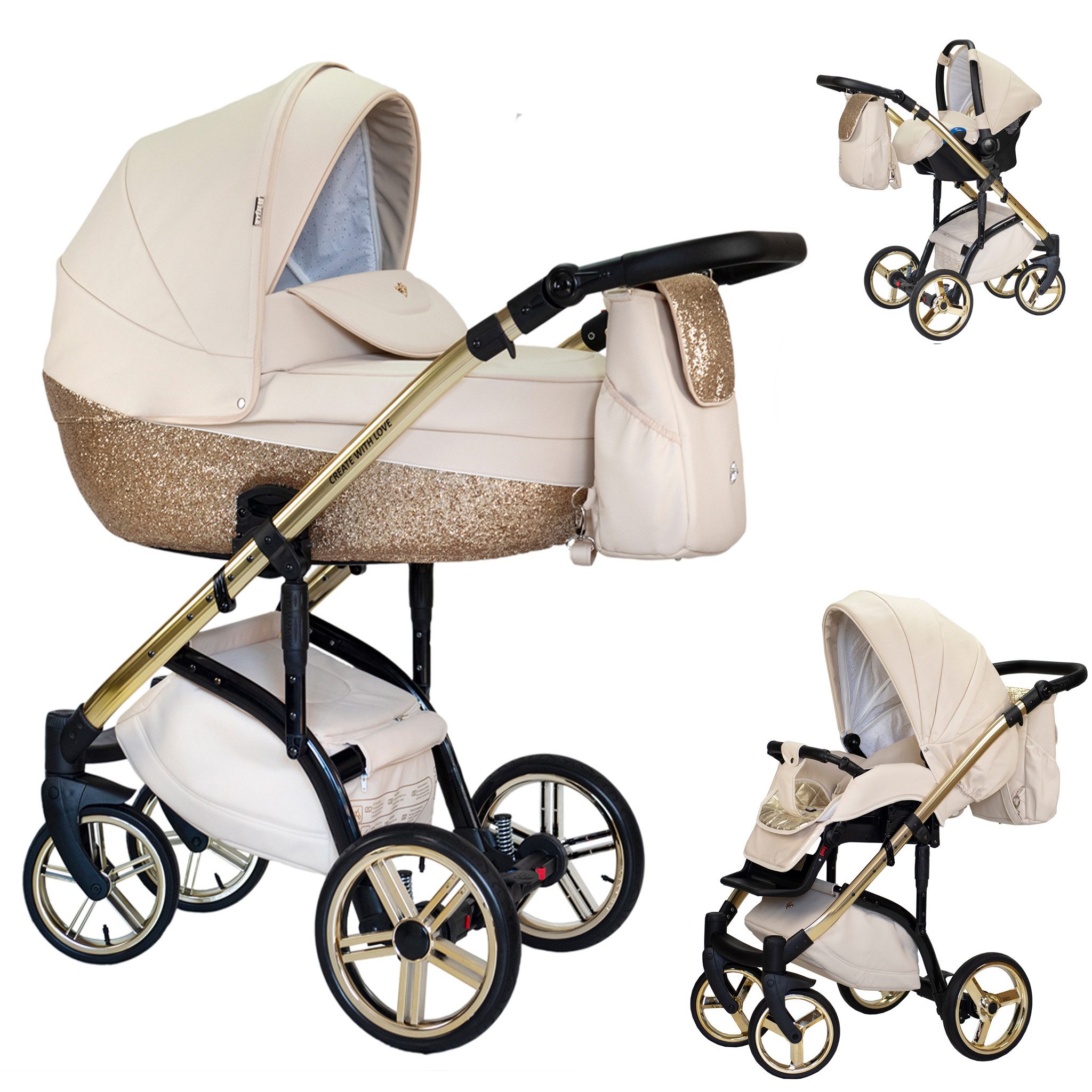 Kombi-Kinderwagen Vip Lux 4 in 1 inkl. Sportsitz, Autositz und Zubehör in 18 Farben
