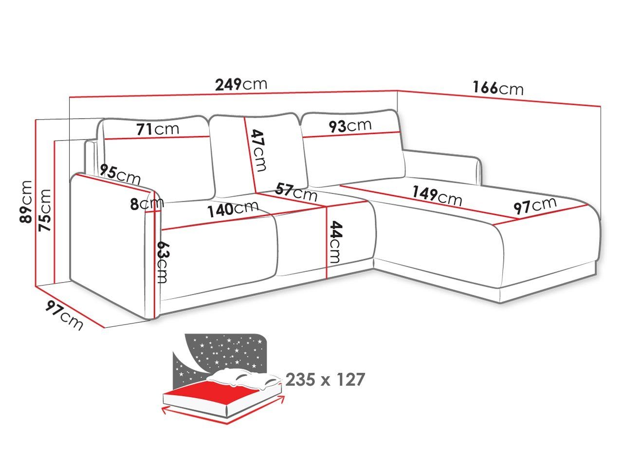 Rückenlehne Barrel und Bettkasten Seite Ecksofa Kissen, universal mit in Form beweglicher MIRJAN24 03 Schlaffunktion, Ozzy,